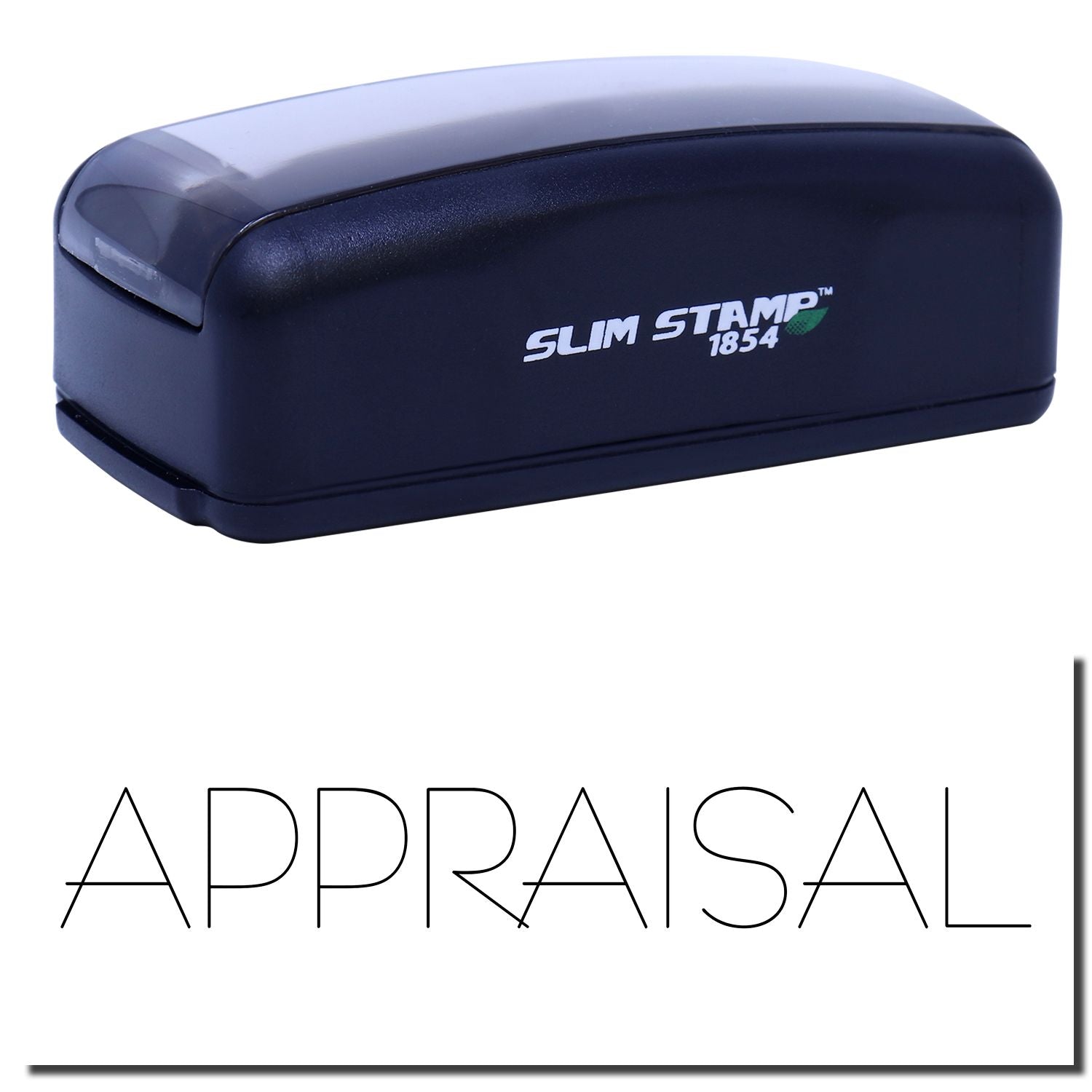 Slim STAMP 1854 branding on compact self-inking stamp device, product photo for identifying the stamp model for ordering and replacement parts.