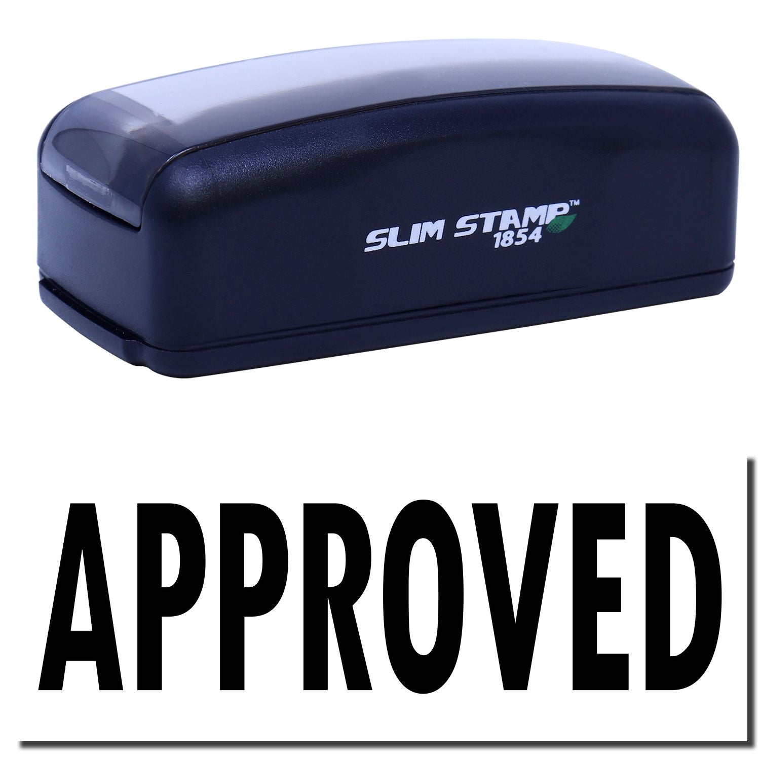 Slim STAMP 1854 self-inking APPROVED stamp for office document approval and quick labeling.