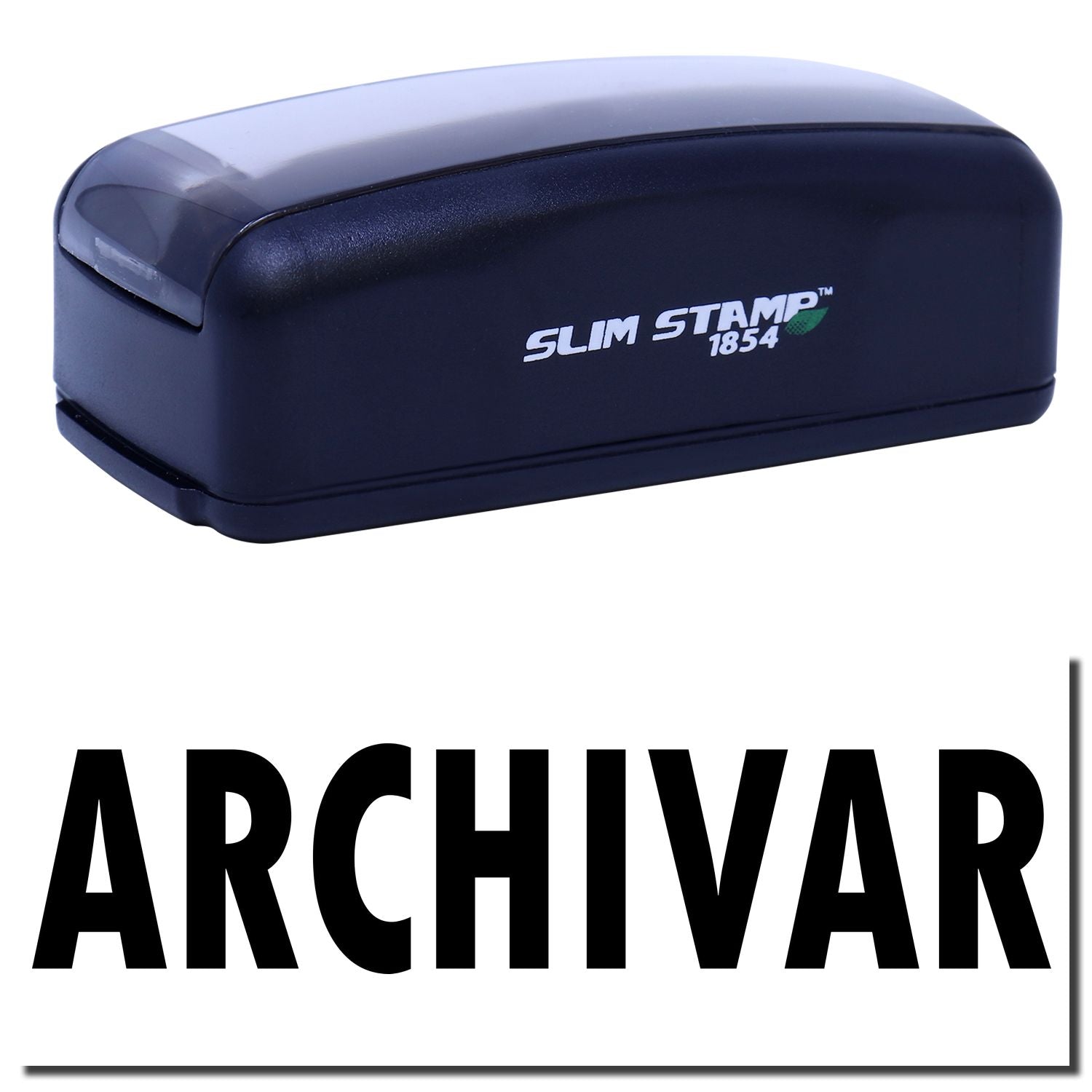 Slim STAMP 1854 ARCHIVAR archival self-inking stamp for documentsblue case with logo; office rubber label and marking tool for inventory and filing.