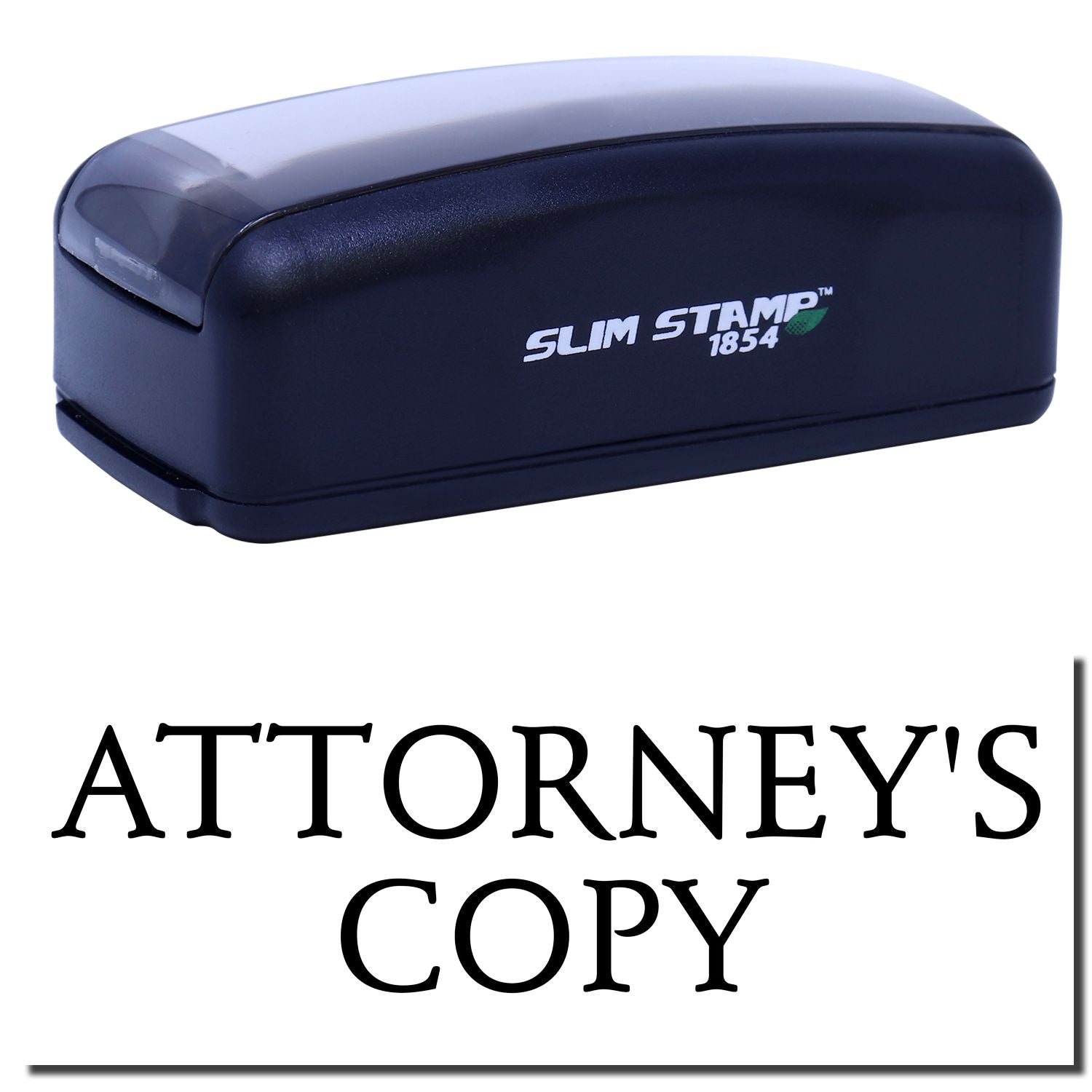 Slim Stamp 1854 branded desktop ink stamp with ATTORNEY'S COPY imprint for quickly marking legal documents in law offices daily.