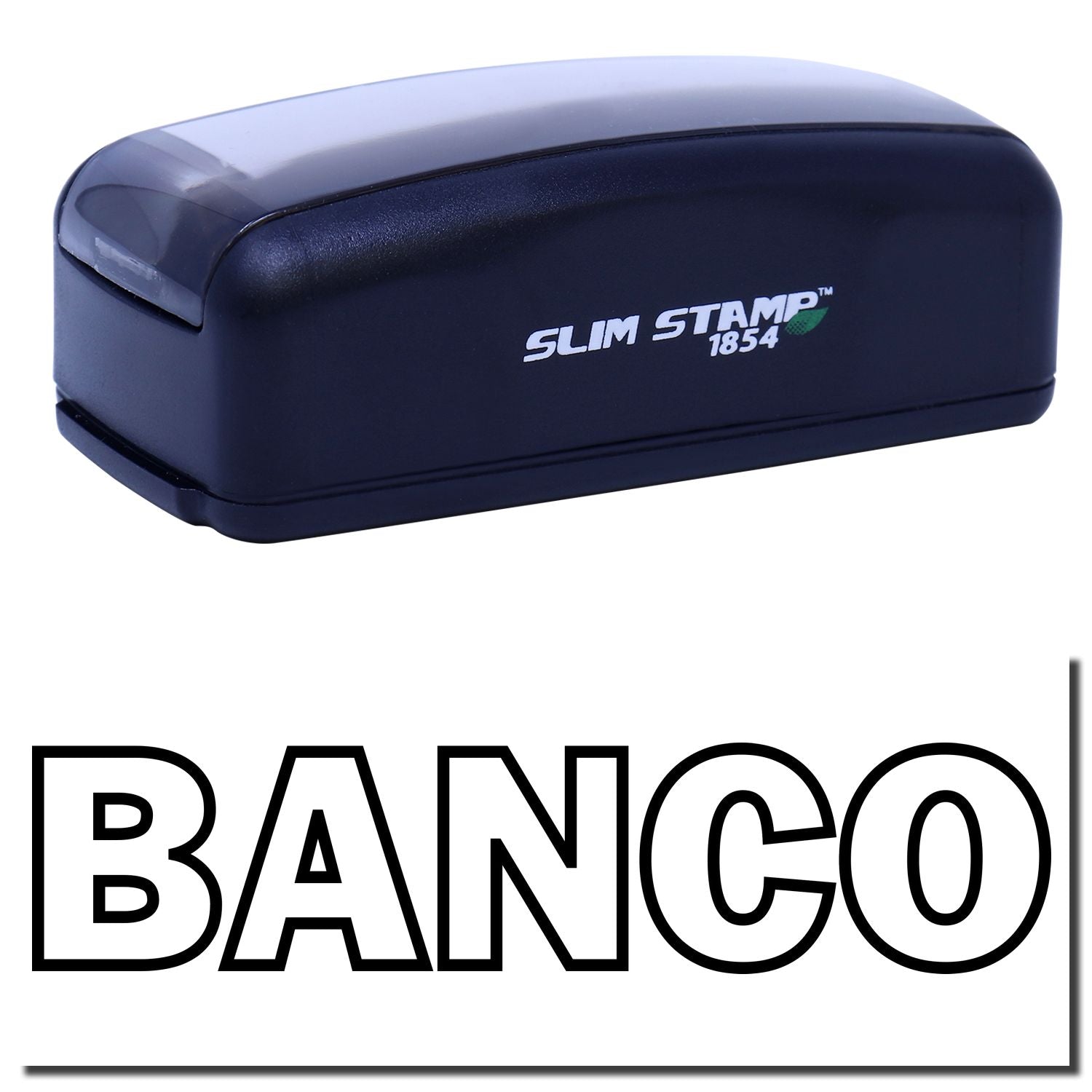 Slim Stamp 1854 BANCO branded office stamp for quick marking of documents, labels, inventory, and banking paperwork with repeatable impressions