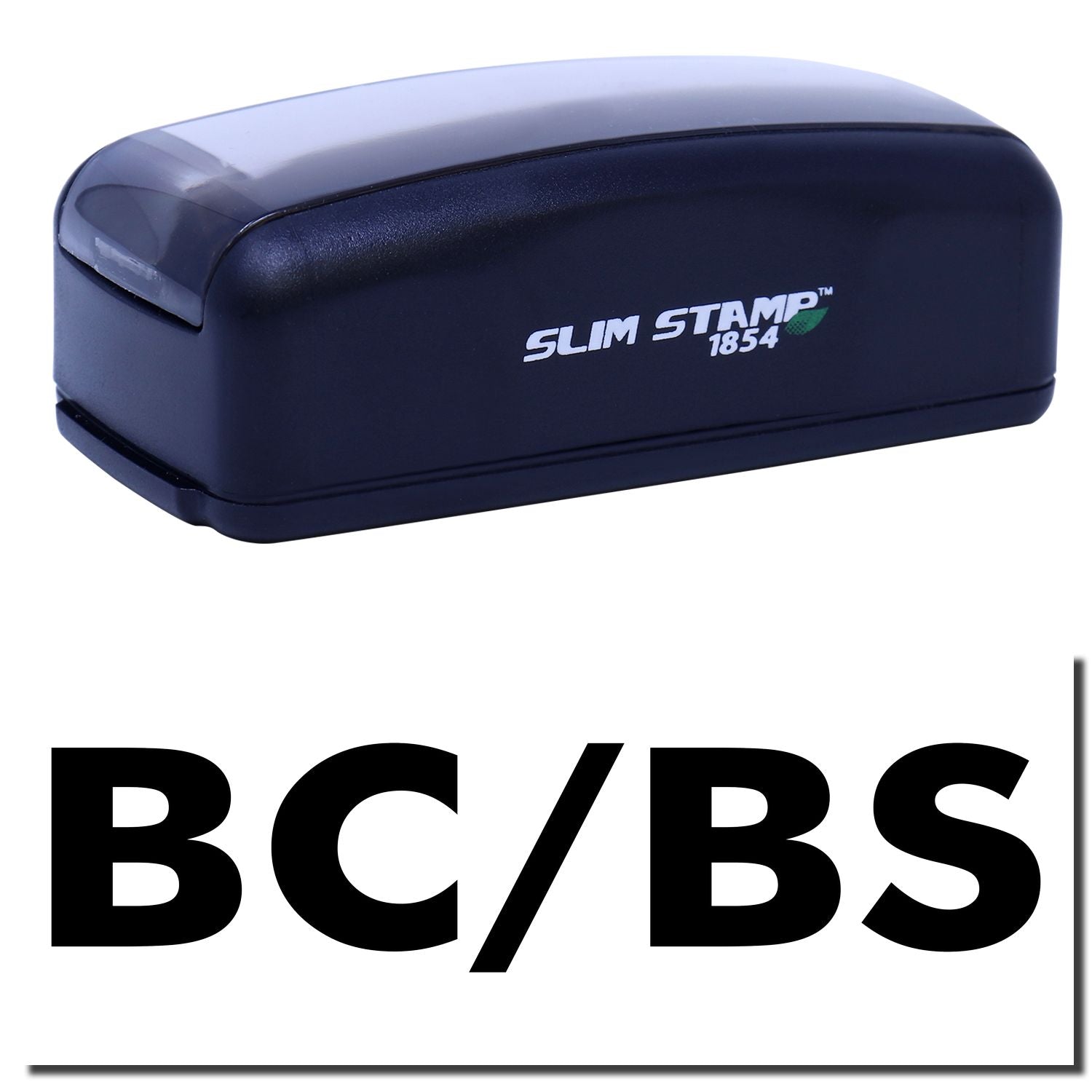 Slim STAMP 1854 self-inking stamp for BCIBS, blue handheld date and document marking tool.