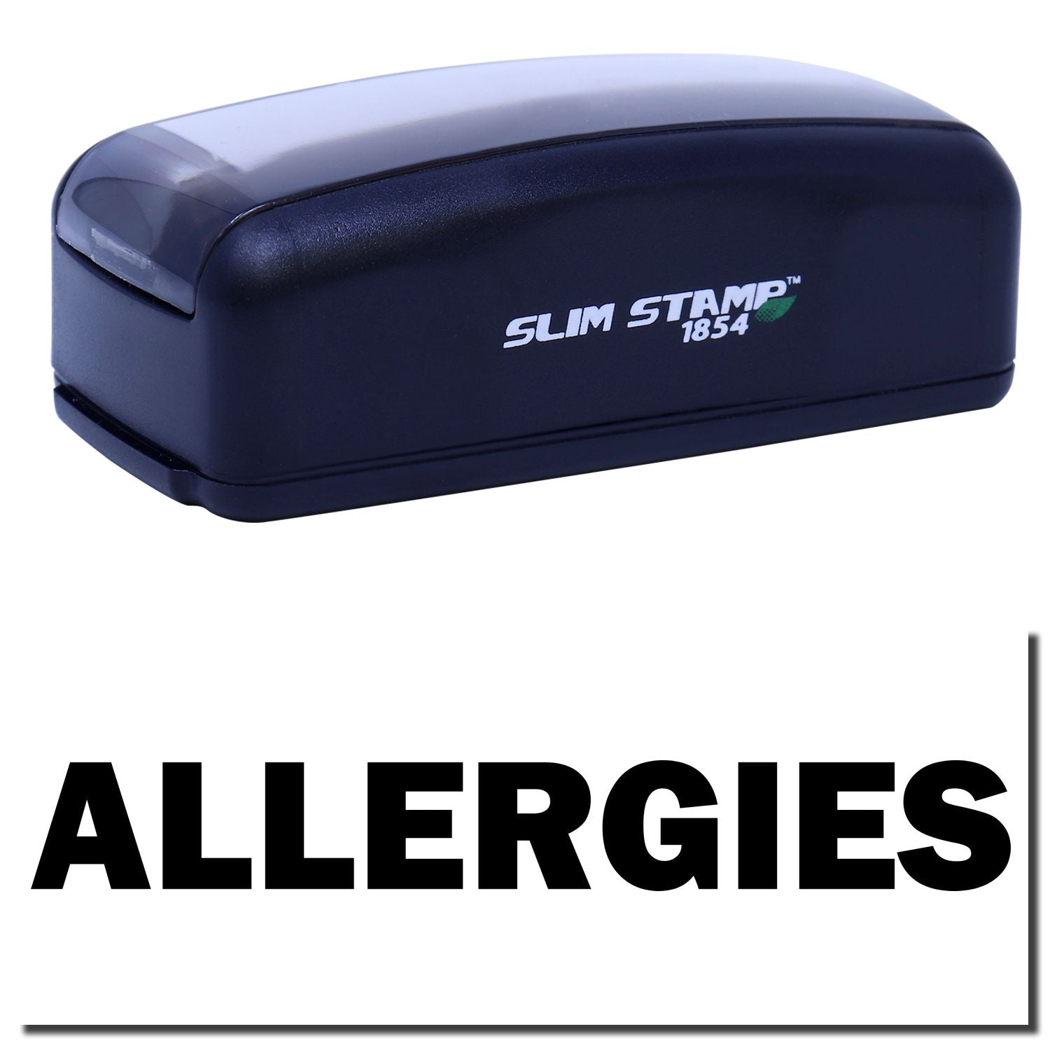Slim STAMP 1854 blue stamp case labeled ALLERGIES for marking allergy medication or items