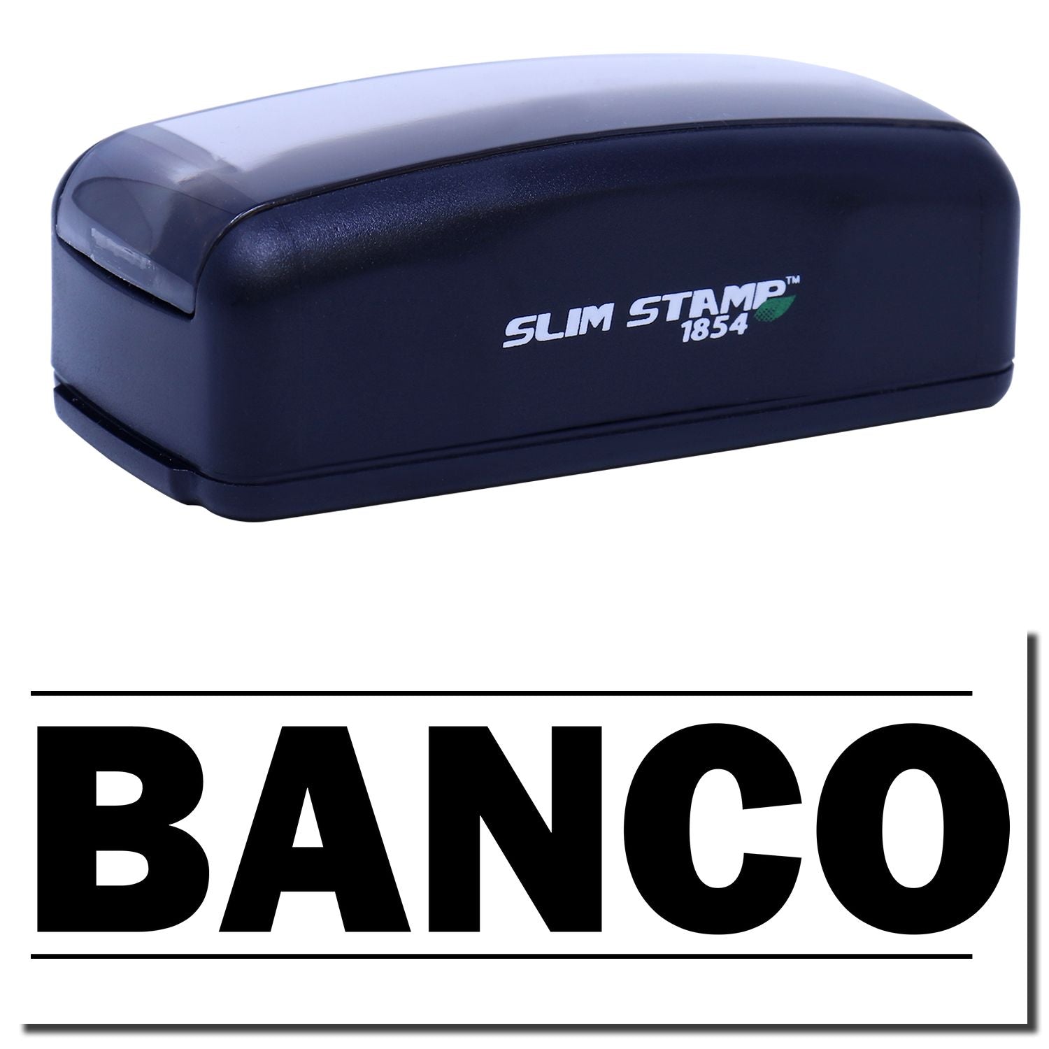 Slim STAMP 1854 Banco self-inking office rubber stamp for documents, showing brand logo on compact navy stamp case and product name.