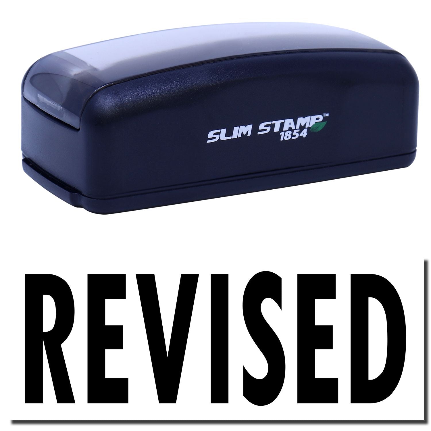 Slim Stamp 1854 self-inking stamp with brand mark and REVISED label for document revision.