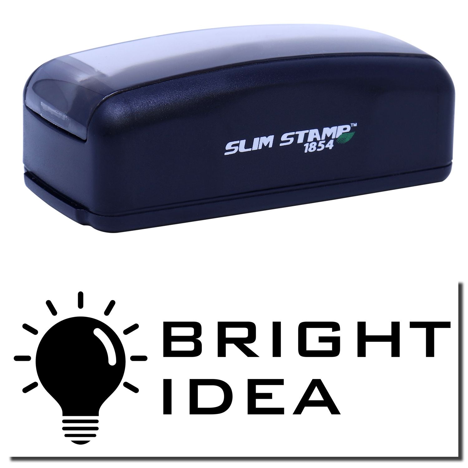 Slim Stamp 1854 self-inking stamp for business document marking, with Bright Idea brand logo shown on product.