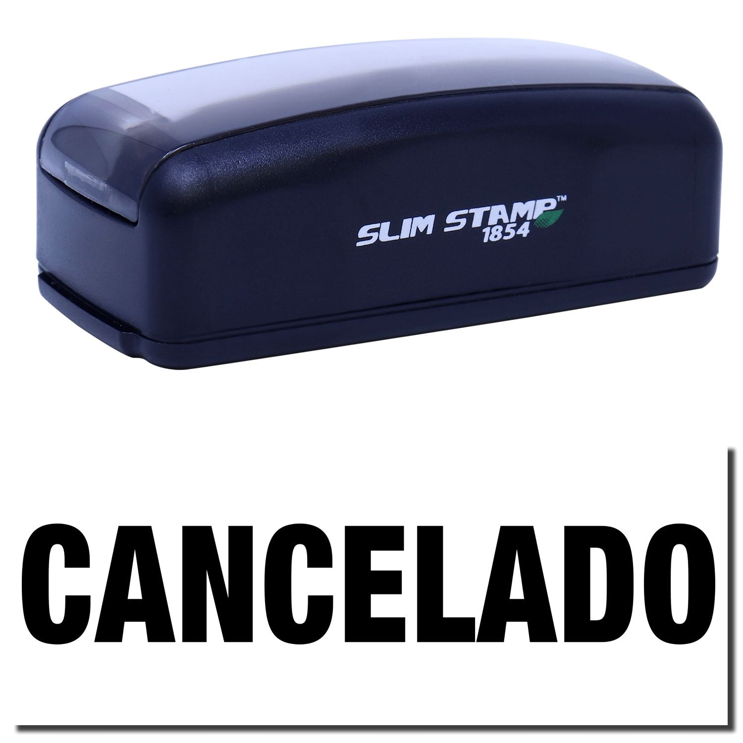 Slim Stamp 1854 self-inking stamp image with Cancelado text for document marking and auditing.
