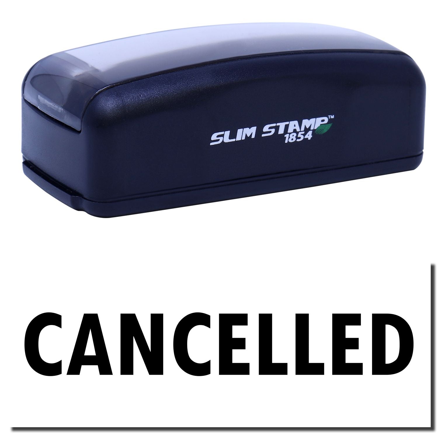 Slim Stamp 1854 self-inking stamp labeled CANCELLED for quickly marking office paperwork with a clear approval mark for audit-ready records.