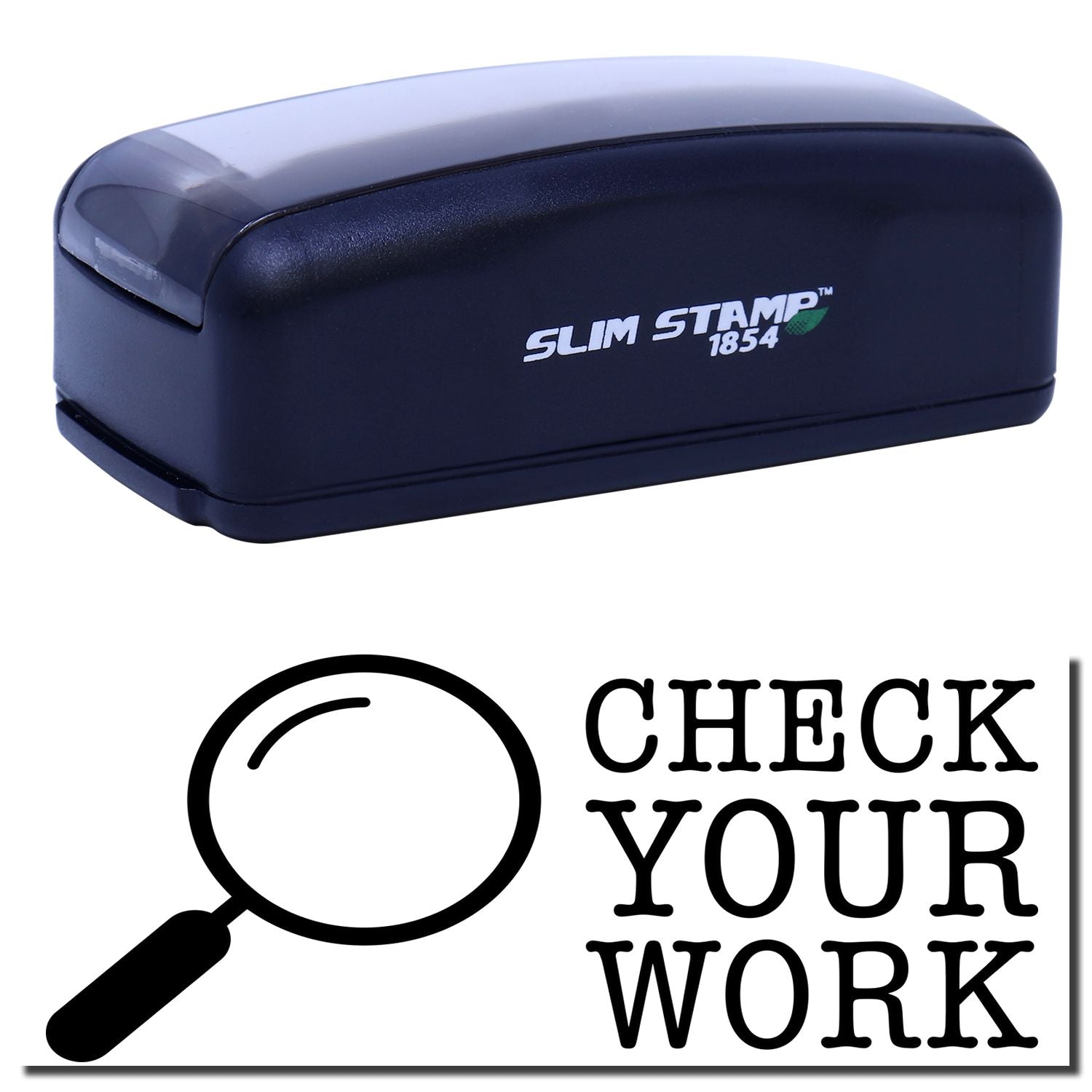 SLIM STAMP 1854 ink stamp with Check Your Work message, promoting precise marking and quality inspection.
