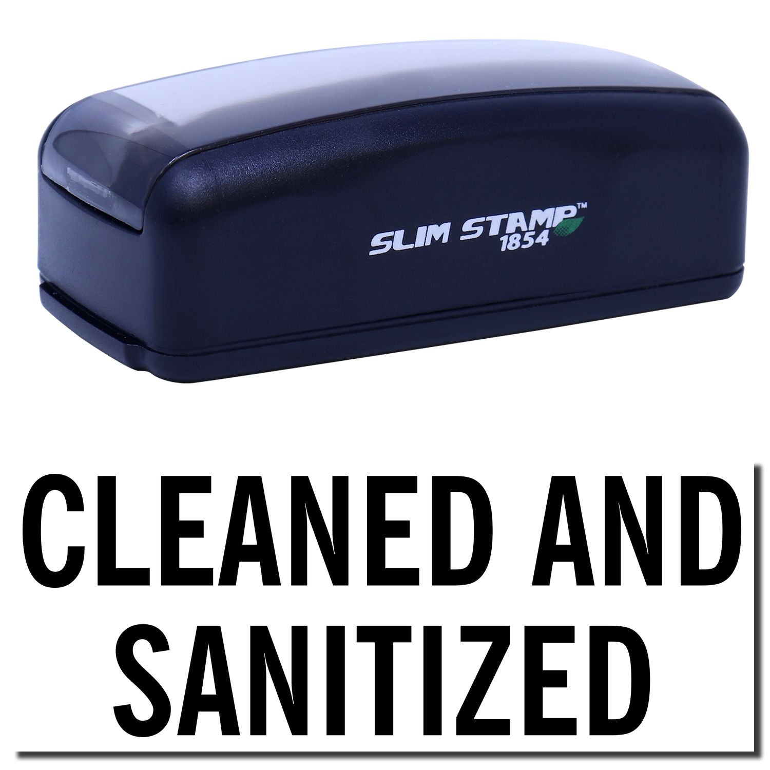 Slim Stamp 1854 stamp device labeled Cleaned and Sanitized for hygiene assurance.