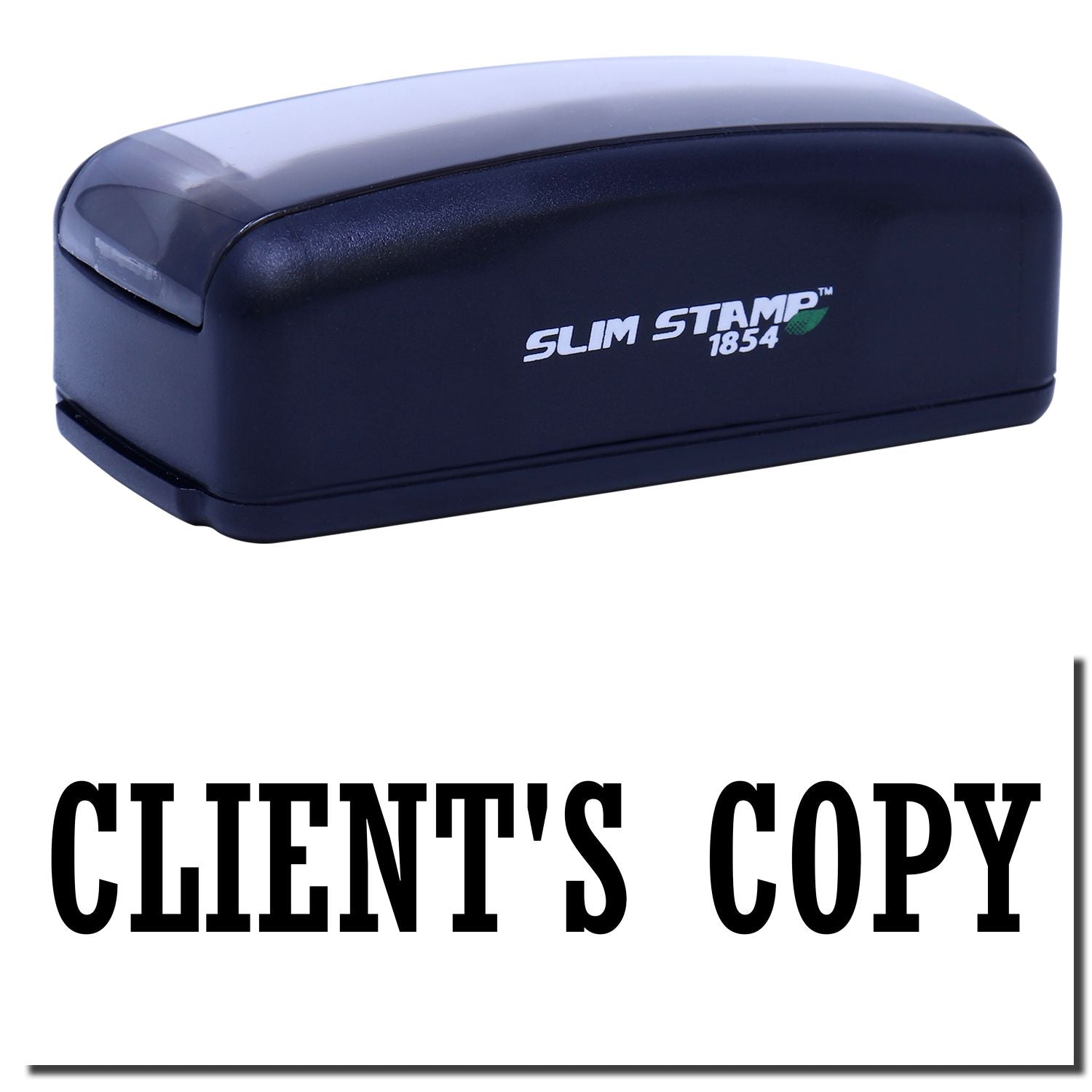 Slim STAMP 1854 compact stamp labeled for clients copy, designed for quick document marking.