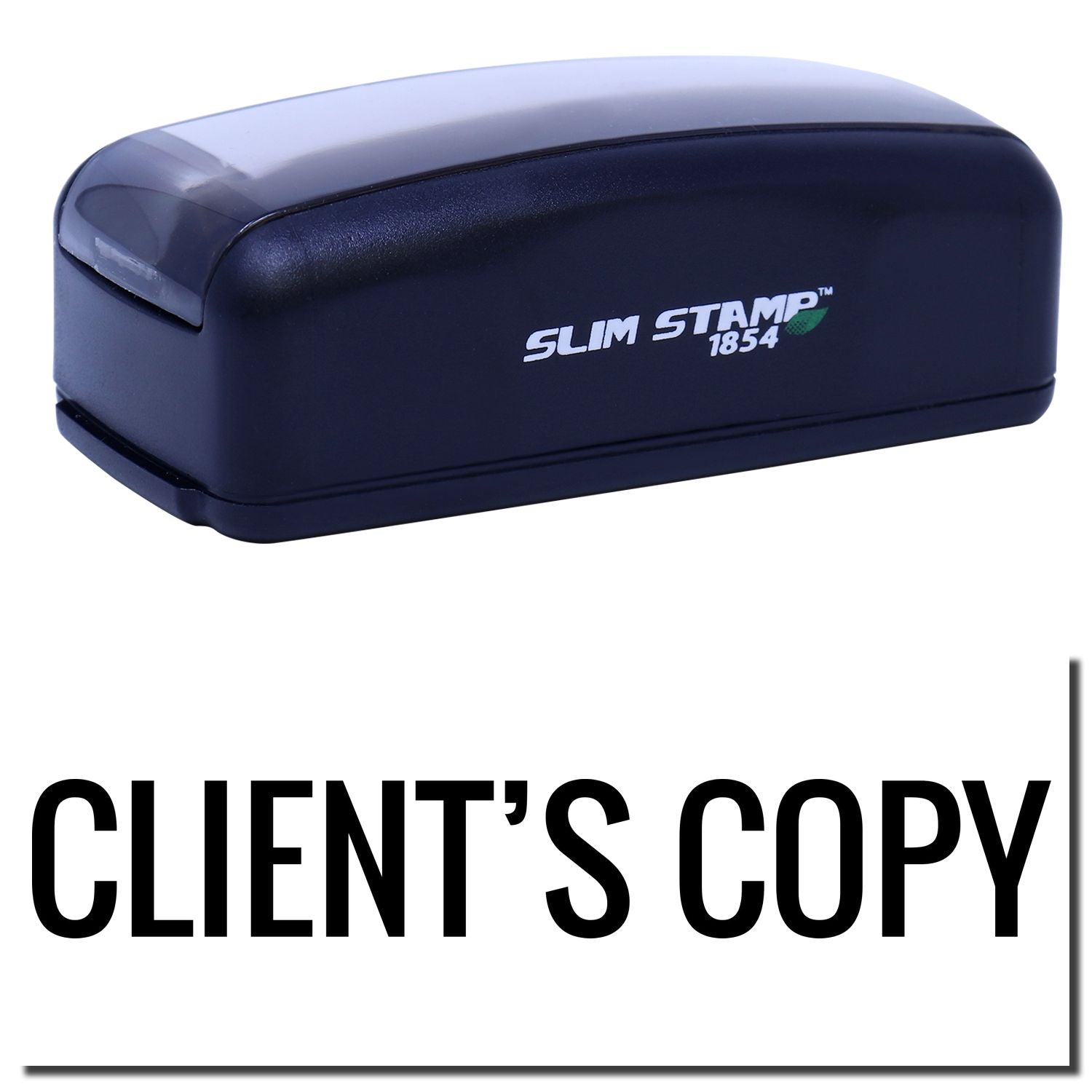 Slim Stamp 1854 stamp device with Clients Copy imprint for invoices, forms, and office paperwork, isolated product photo, studio branding shot.