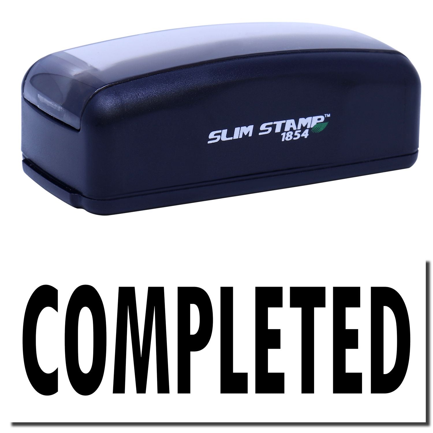 Slim Stamp 1854 self-inking stamp labeled COMPLETED for quick, professional document approvals and shipping records in offices.