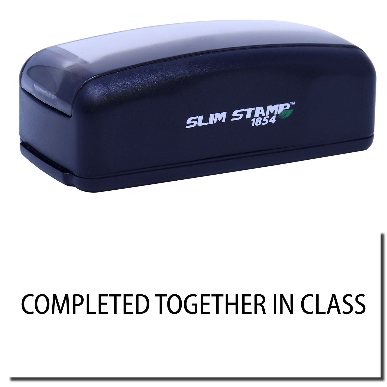 Slim Stamp 1854 branded stamp case for classroom organization, showing the Slim Stamp 1854 logo on a self-inking stamp tool, ready to use.