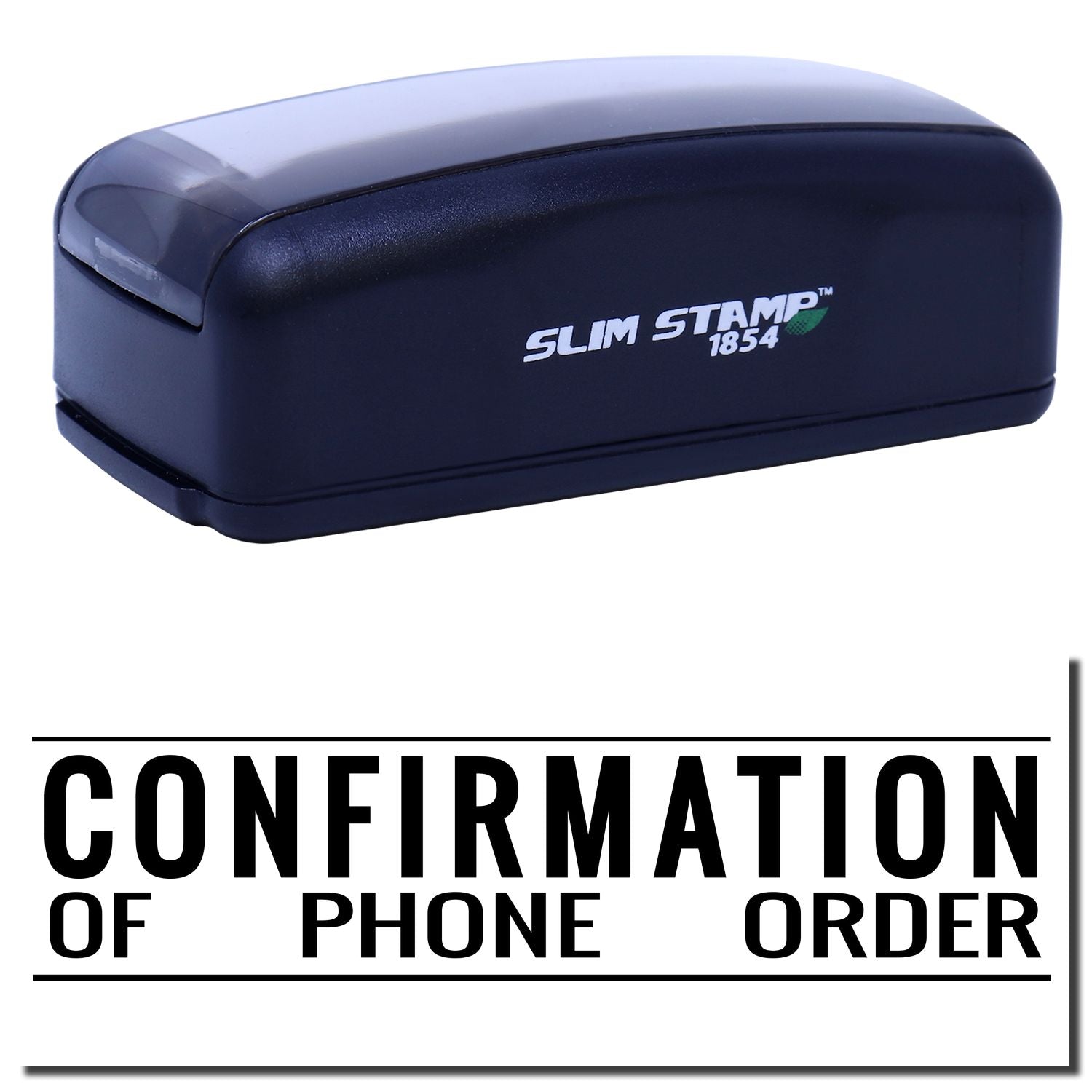 Slim Stamp 1854 desktop stamp for confirmation of phone orders, featuring brand logo and Confirmation of Phone Order text.