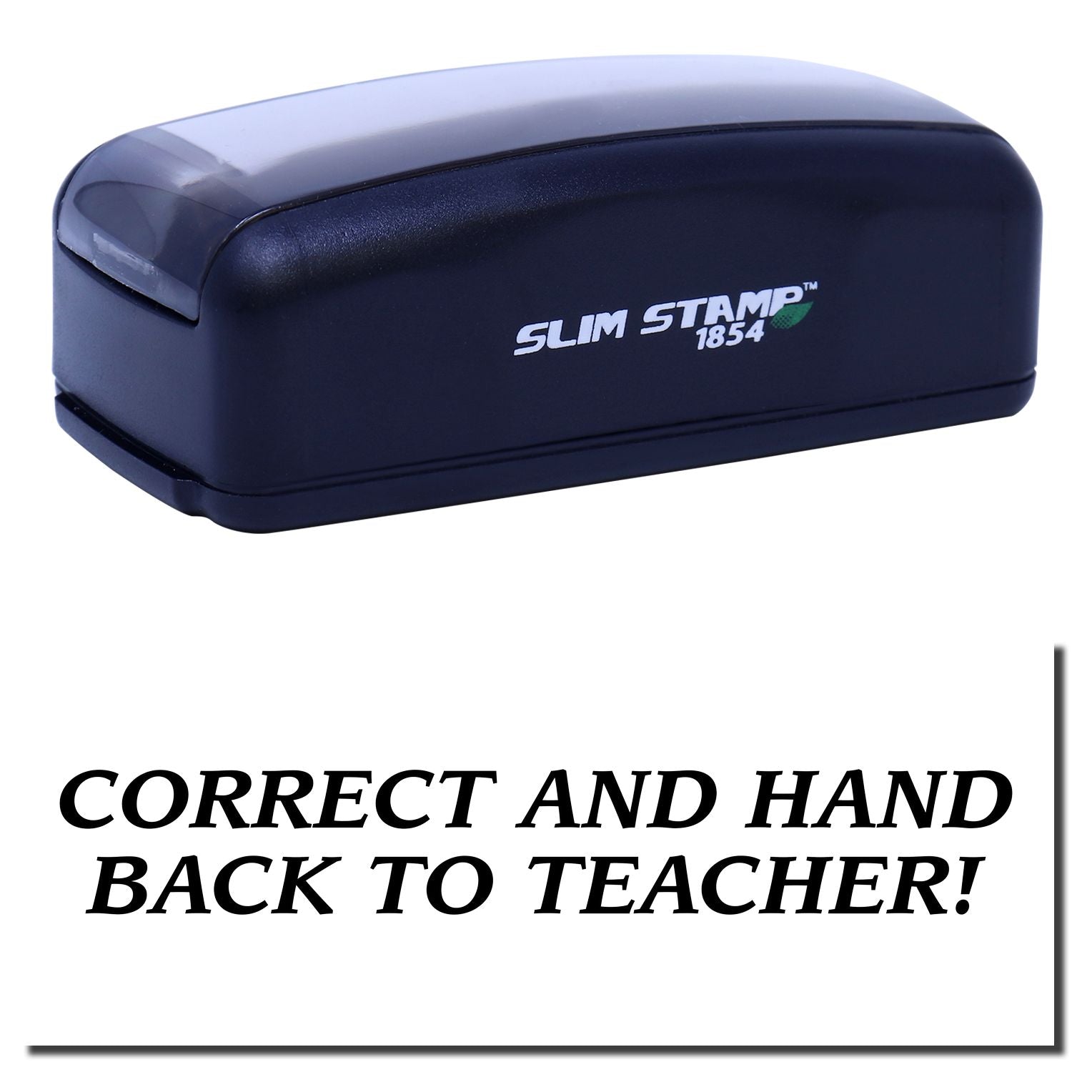 Slim Stamp 1854 correction rubber stamp labeled Correct and hand back to teacher, for classroom feedback and grading student work.