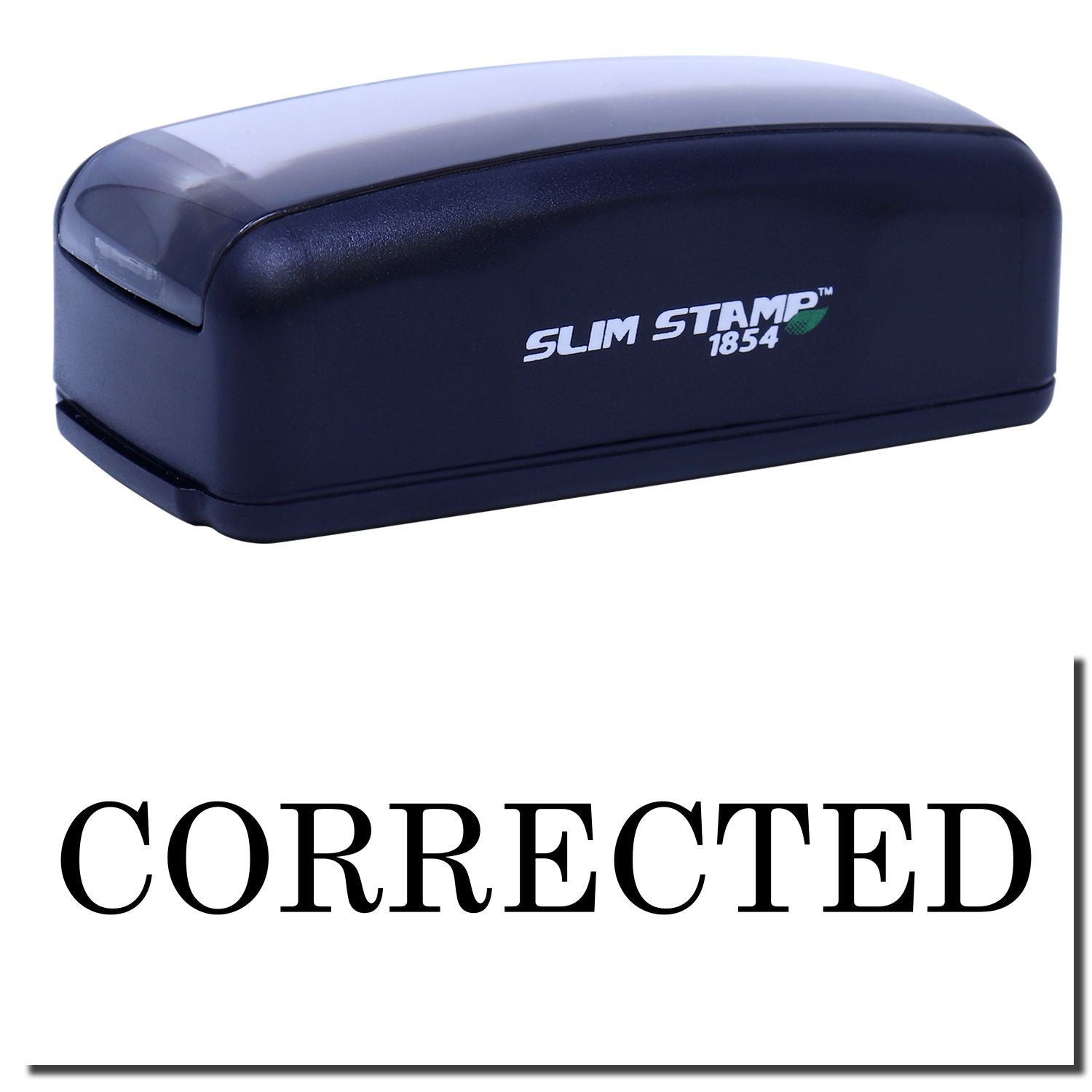 Slim Stamp 1854 Corrected ink stamp in navy case for marking document revisions and corrections