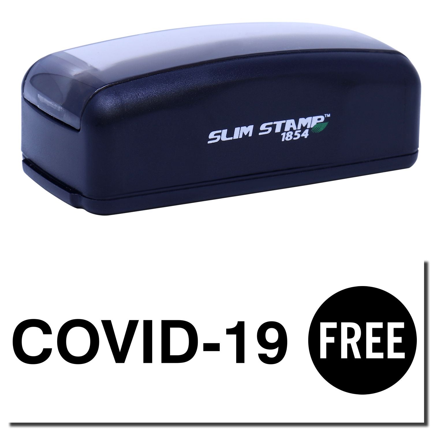 Slim Stamp 1854 self-inking stamp with COVID-19 FREE branding for product labeling and workplace signage