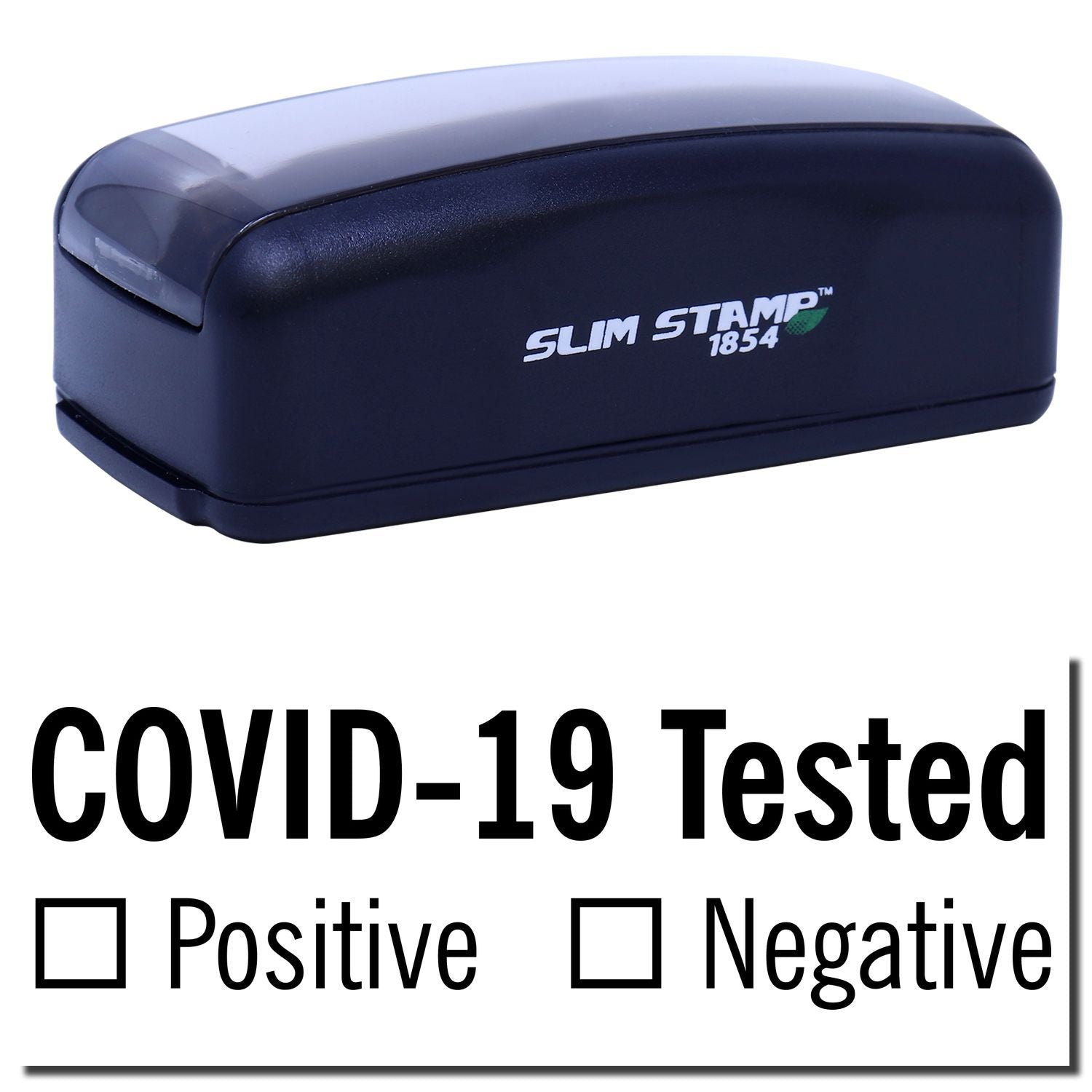 Slim Stamp 1854 COVID-19 tested stamp label with Positive/Negative result indicators for workplace, school, and healthcare use.