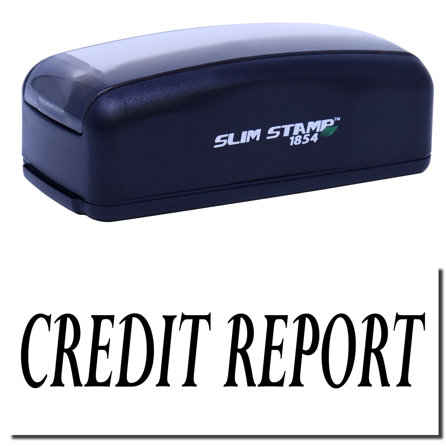 Slim Stamp 1854 self-inking credit report stamp used to quickly mark credit bureau and background check forms with CREDIT REPORT.