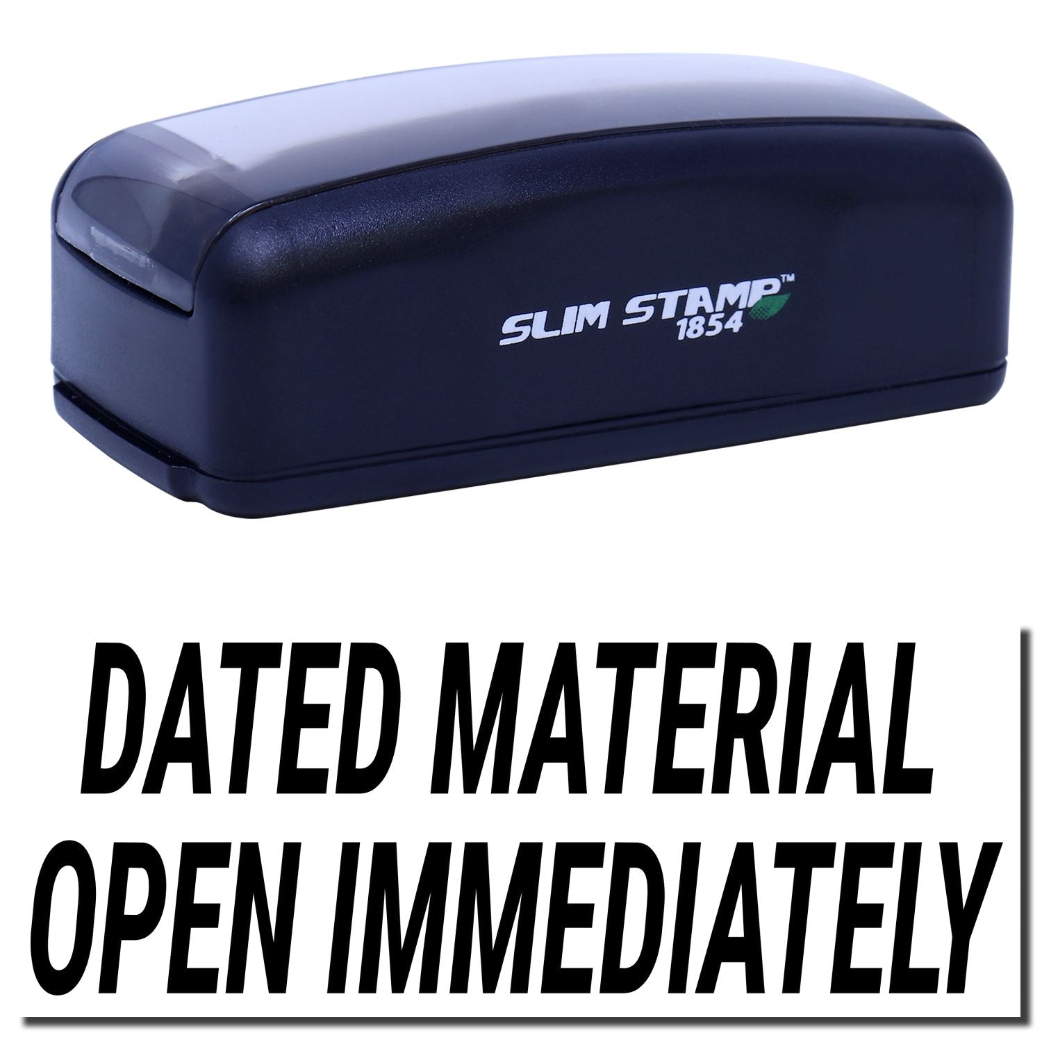 SLIM STAMP 1854 date stamp device with label Dated material open immediately warning text