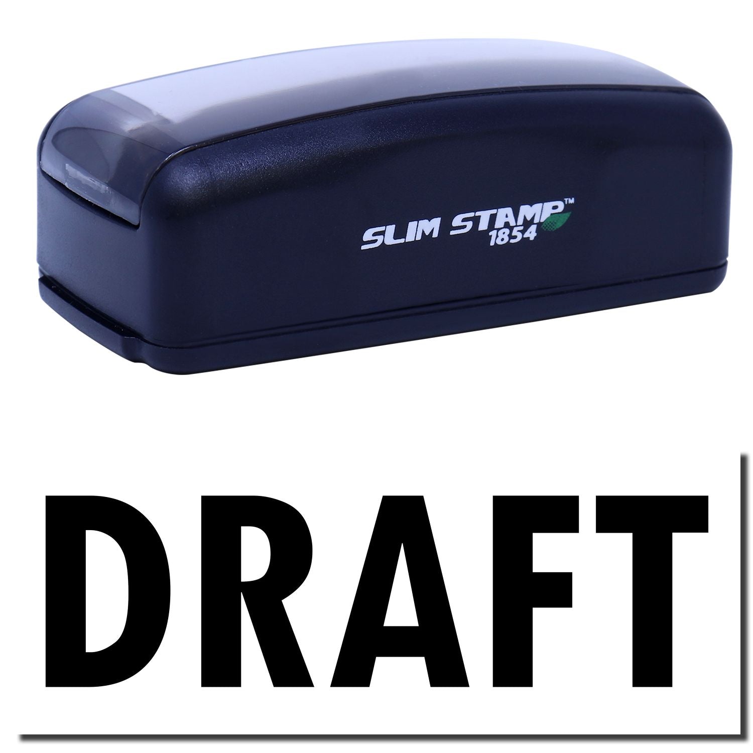 Slim Stamp 1854 DRAFT document stamp in blue case for quick labeling, marking, and approvals.