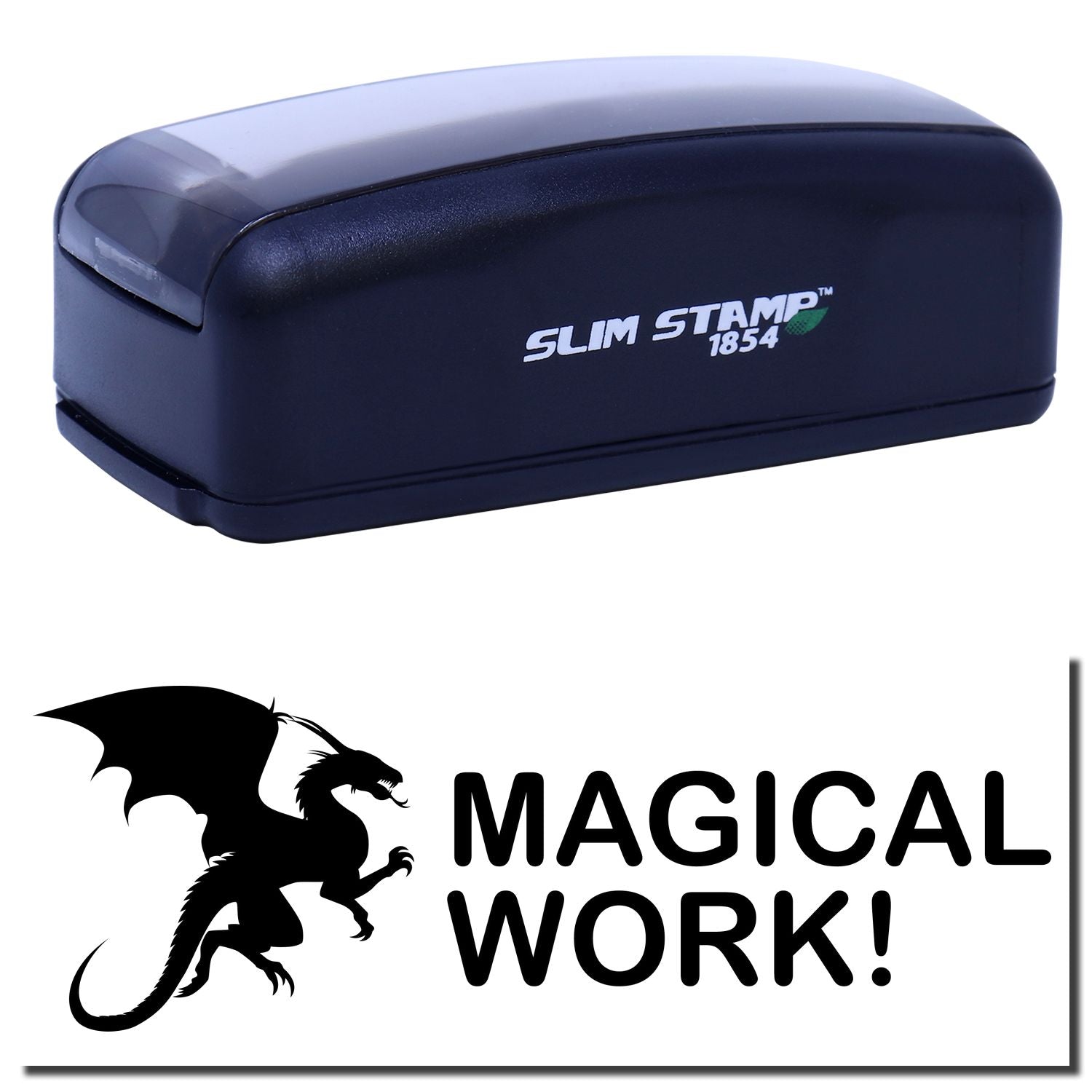 Slim STAMP 1854 custom ink stamp with Magical Work! branding on product packaging.