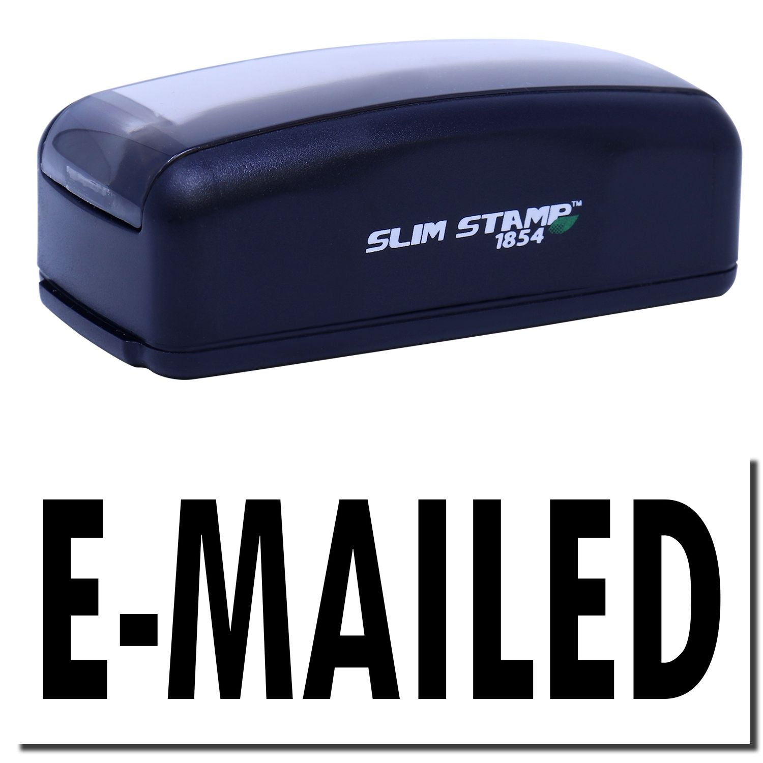 SlimStamp 1854 self-inking rubber stamp showing E-MAILED, used to mark emails and outgoing documents in offices.