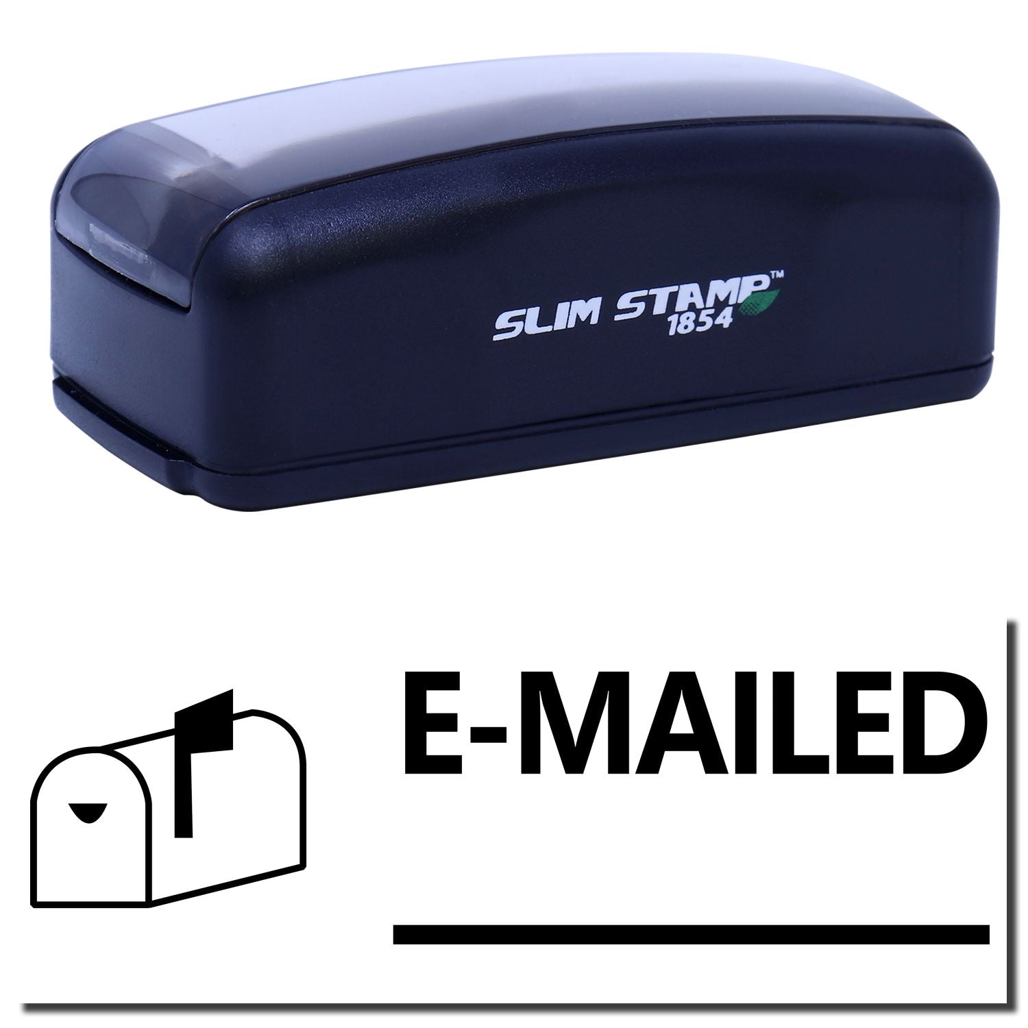 Slim Stamp 1854 compact self-inking E-MAILED mail stamp for envelopes, shipping labels, and office correspondence tracking records.