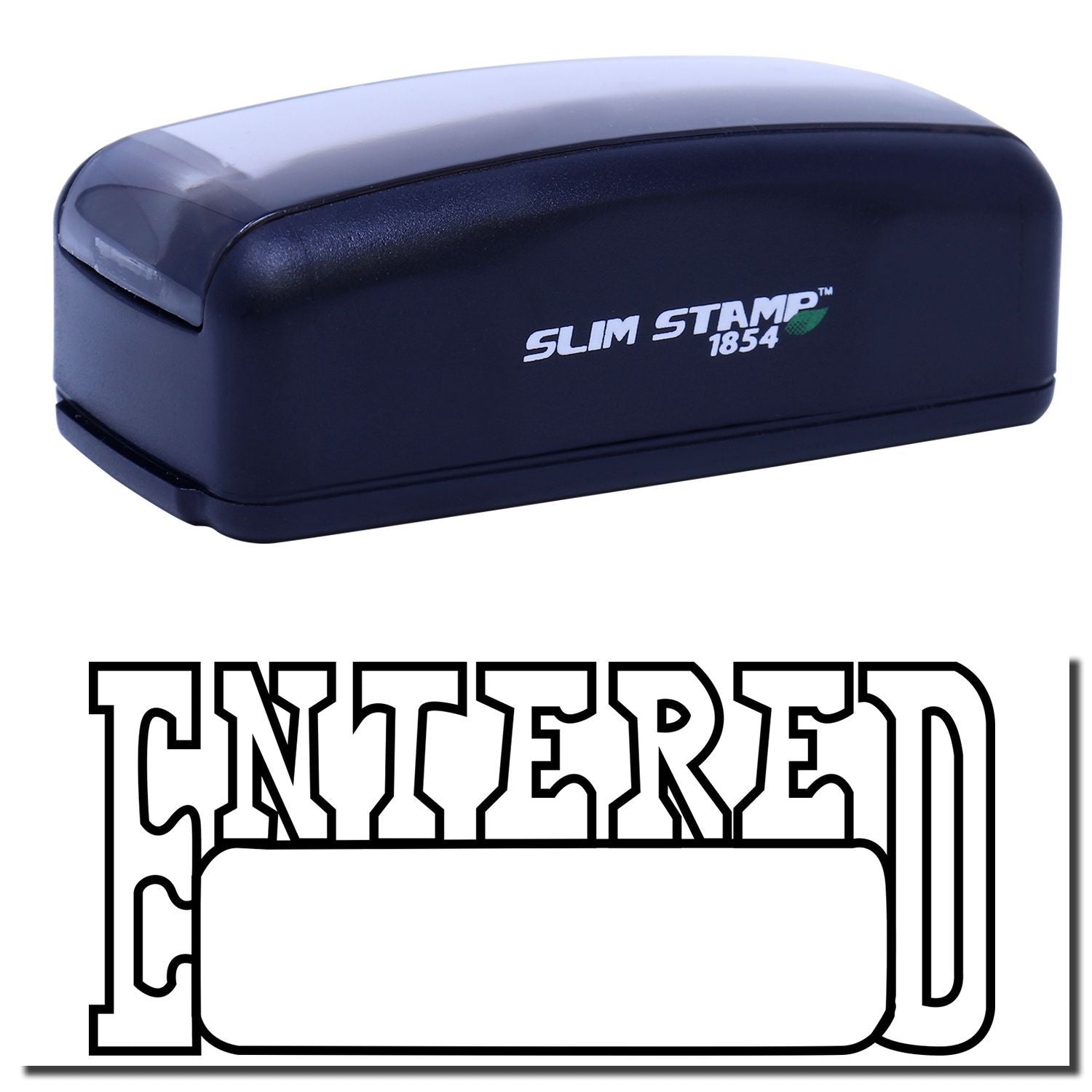 Slim Stamp 1854 custom date stamp device in dark blue, showing logo and used for clean imprinting for business documents and item labeling.
