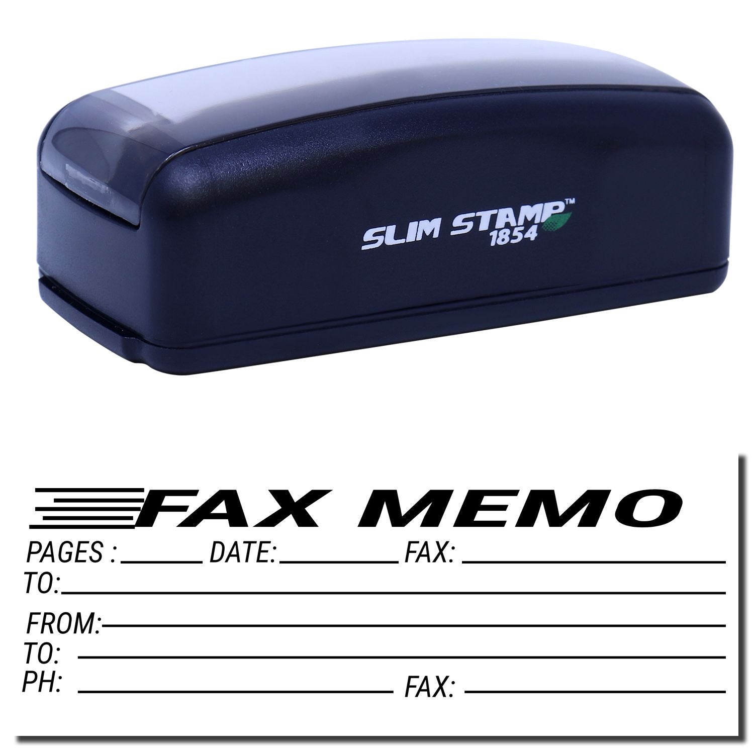 Slim Stamp 1854 ink stamp pictured over a Fax Memo cover sheet, used to stamp and label fax documents and forms for business correspondence.