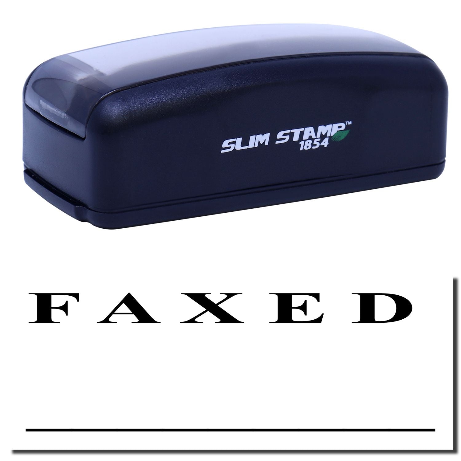 Slim Stamp 1854 self-inking stamp for documents, shown on a navy handheld case with product logo.