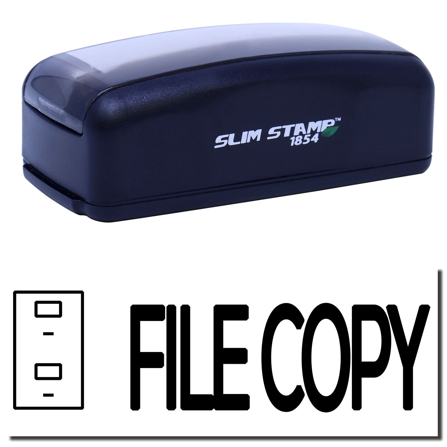 Slim Stamp 1854 self-inking stamp label for file copying, featuring brand logo on navy stamp head.