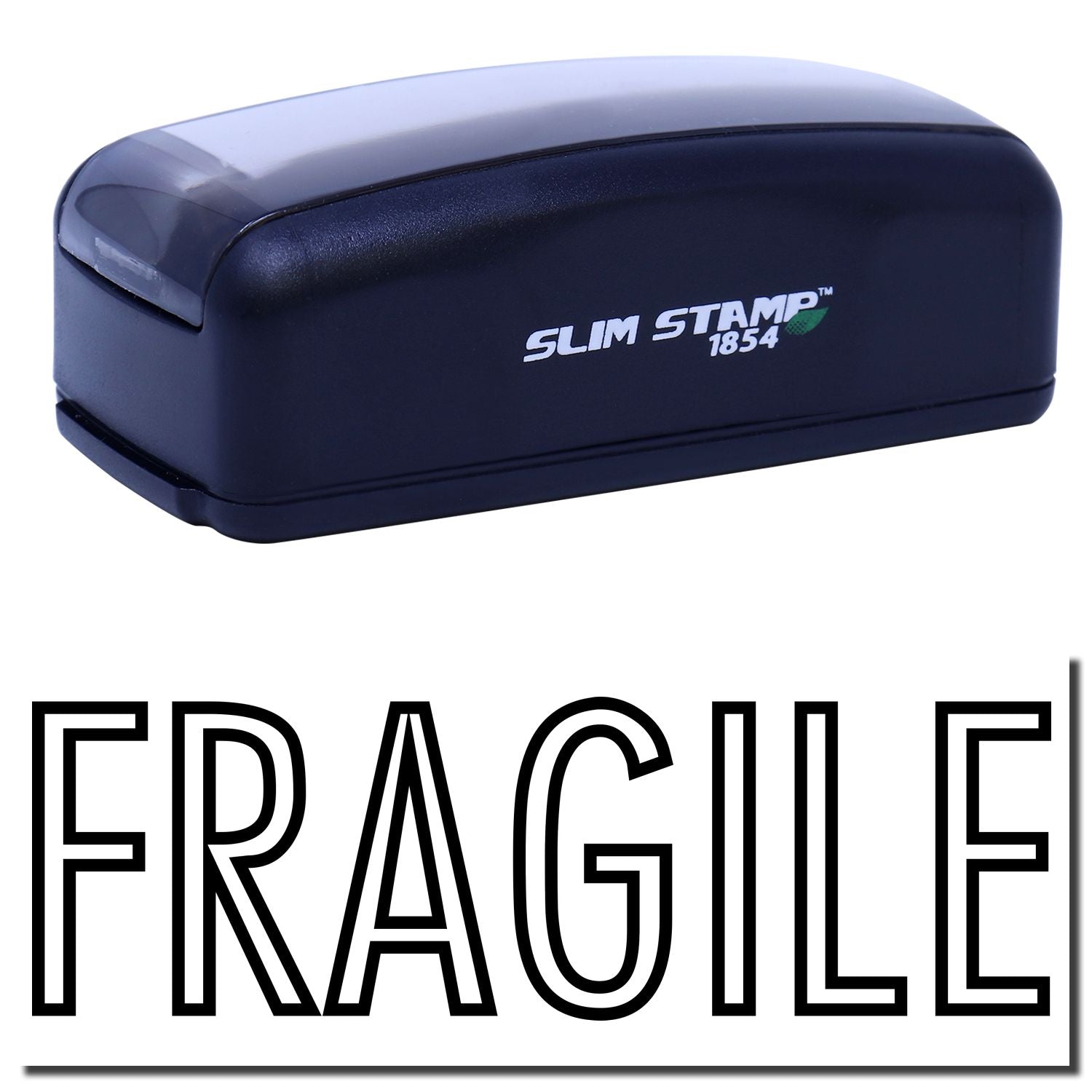Slim Stamp 1854 self-inking FRAGILE shipping stamp for mailroom packing and protective handling, showing the Slim Stamp 1854 logo.