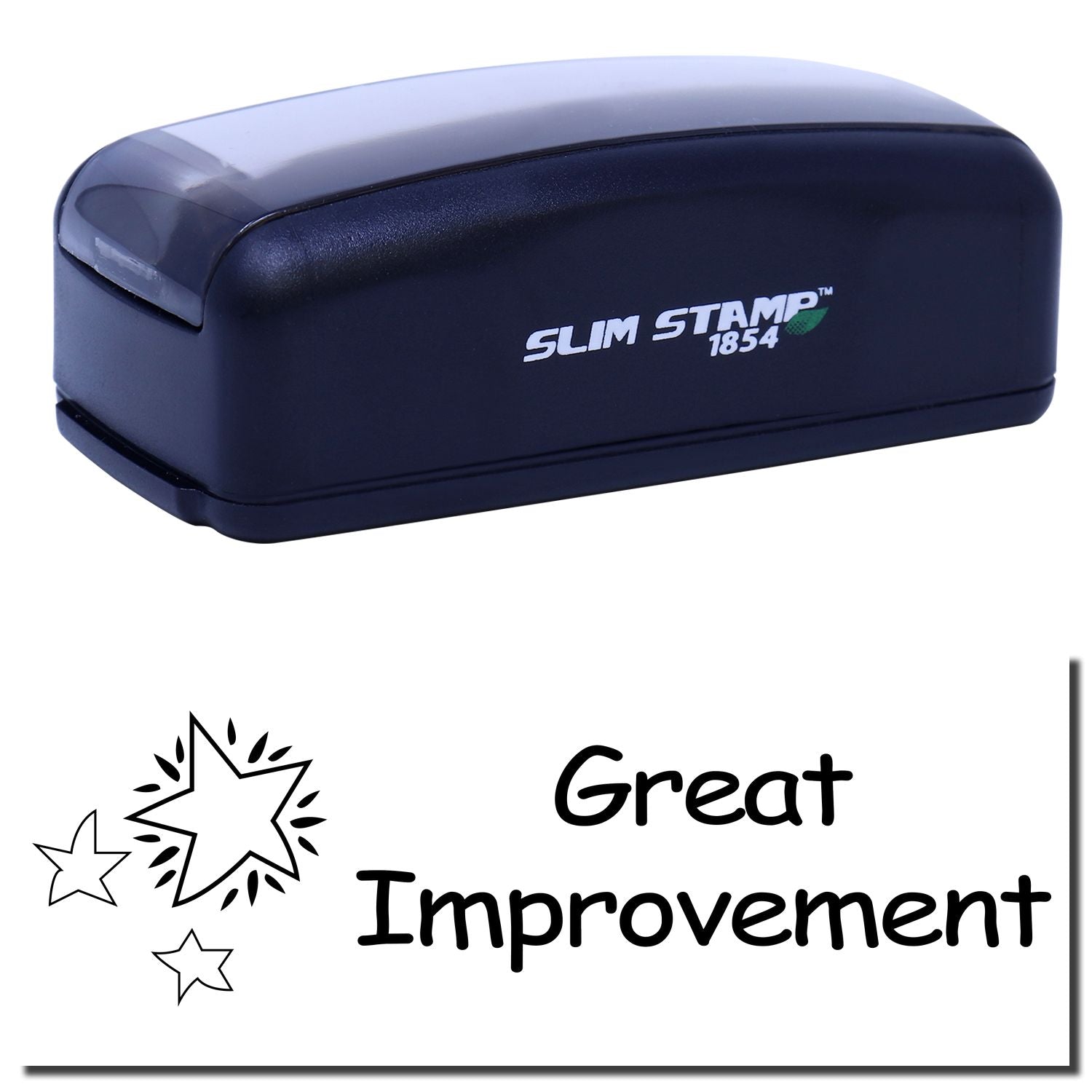 Slim Stamp 1854 ink stamper close-up with Great Improvement slogan, highlighting portable stamping for crafts and labeling.