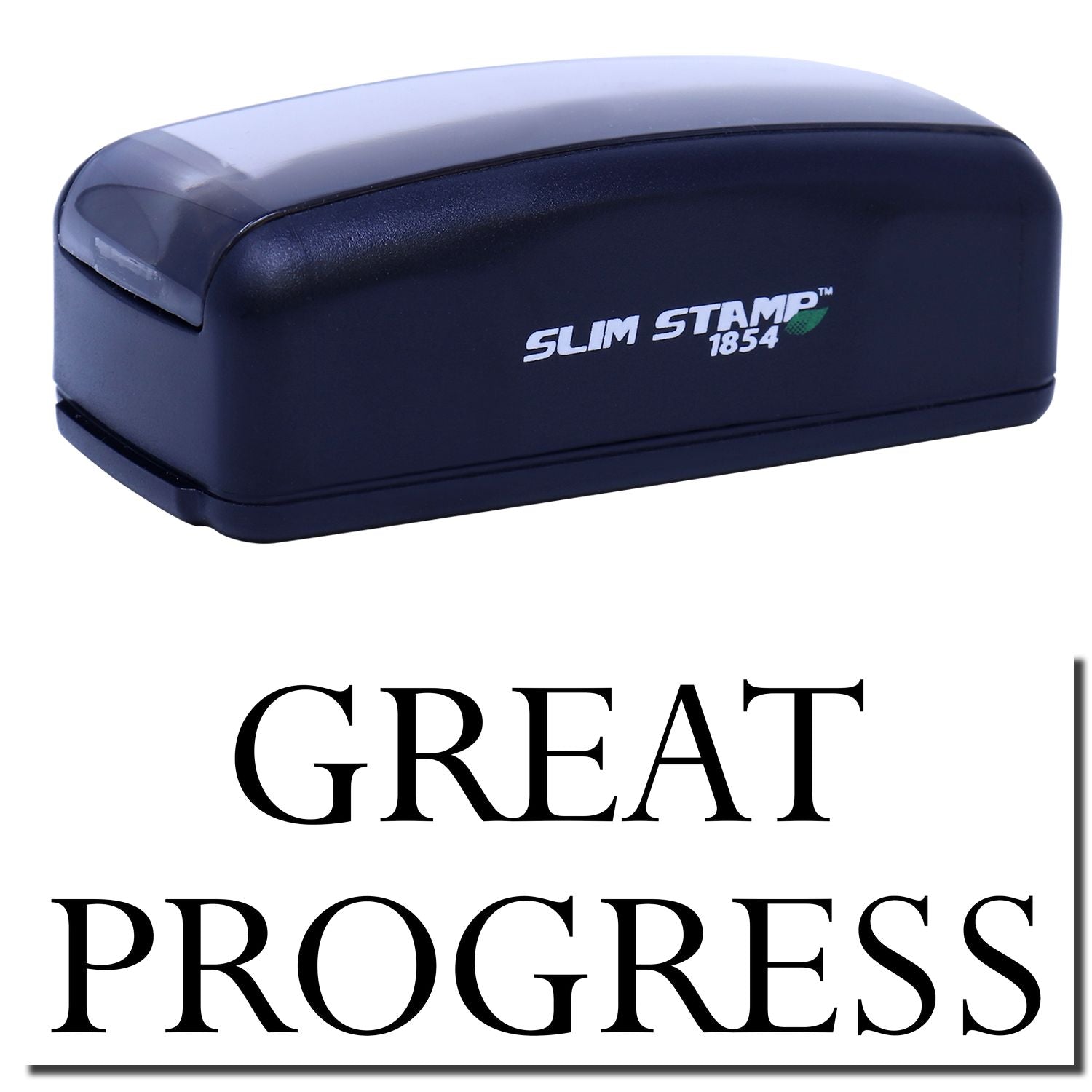 Close-up of Slim Stamp 1854 self-inking stamp branding tool with Great Progress logo for professional office document marking.