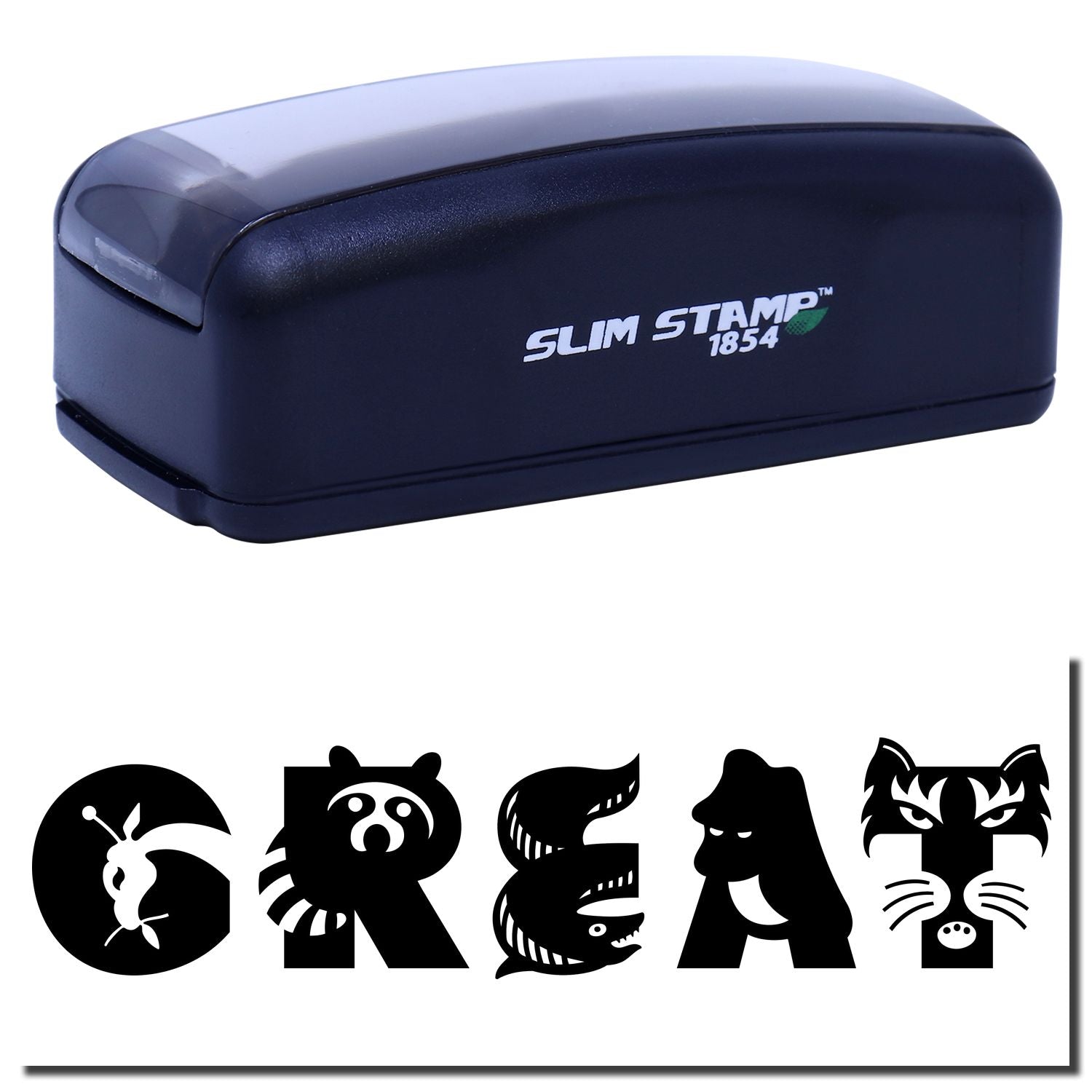 Slim Stamp 1854 ink stamp with animal face icons for quickly labeling kids school supplies and DIY crafts, scrapbooking, and gifts.