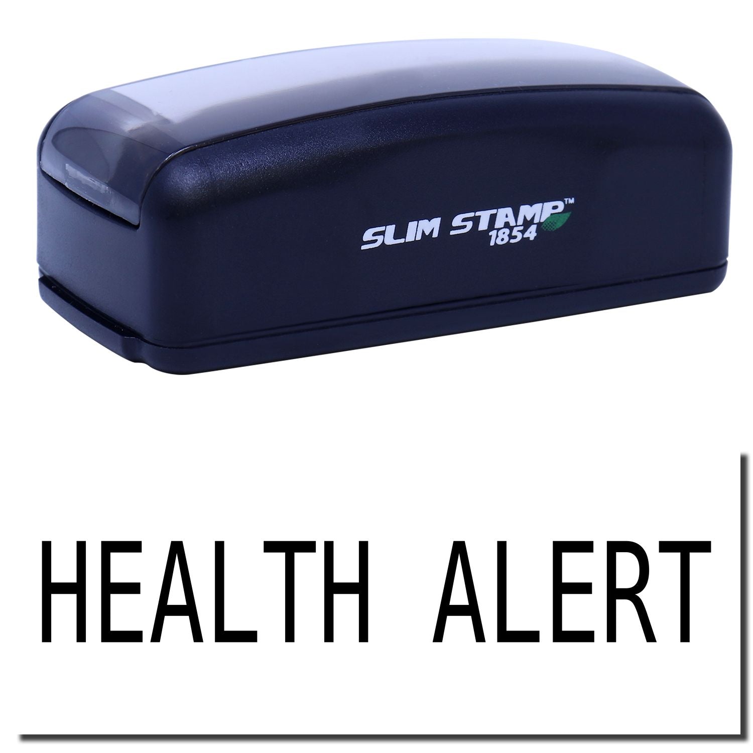 Slim Stamp 1854 'Health Alert' self-inking stamp for quick labeling, signage, and health notifications in offices clinics and schools.