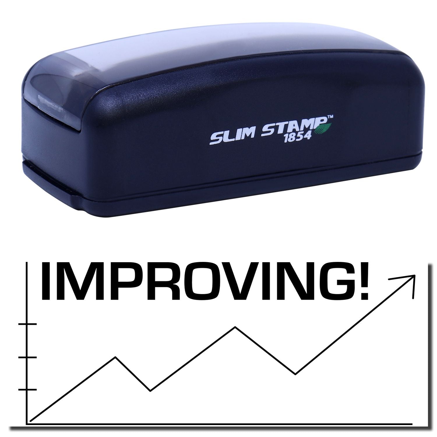 Slim STAMP 1854 date stamper close-up with IMPROVING! growth graph, promotional image for business stamping performance.