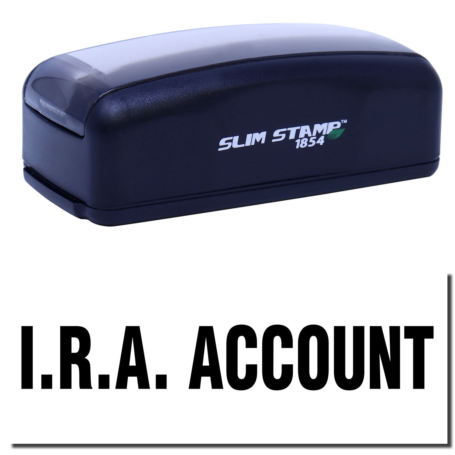 Slim Stamp 1854 date stamp in navy case, compact self-inking tool for document labeling and accounting, I.R.A. Account stamp for document branding.