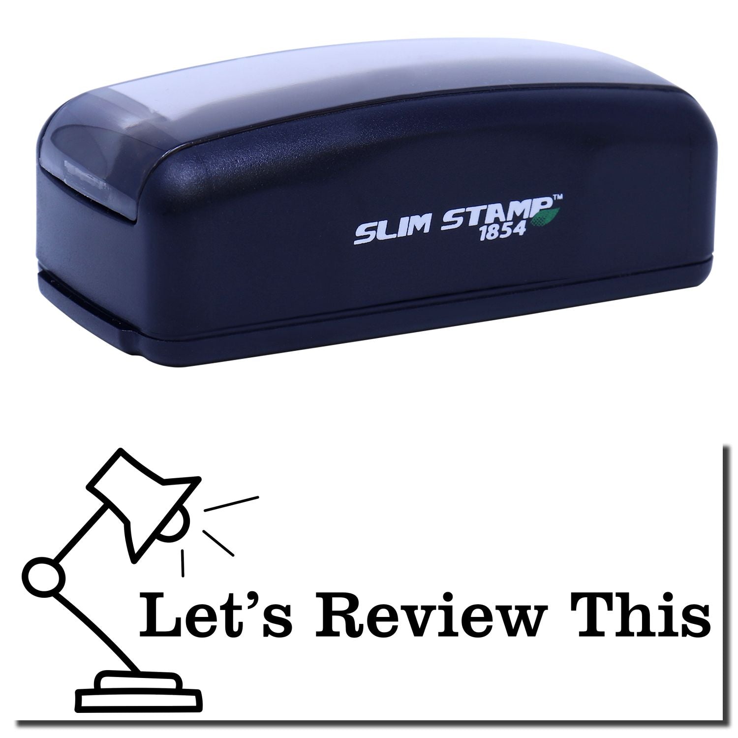 Slim Stamp 1854 product image for review, showing blue self-inking stamp body with logo on white background.