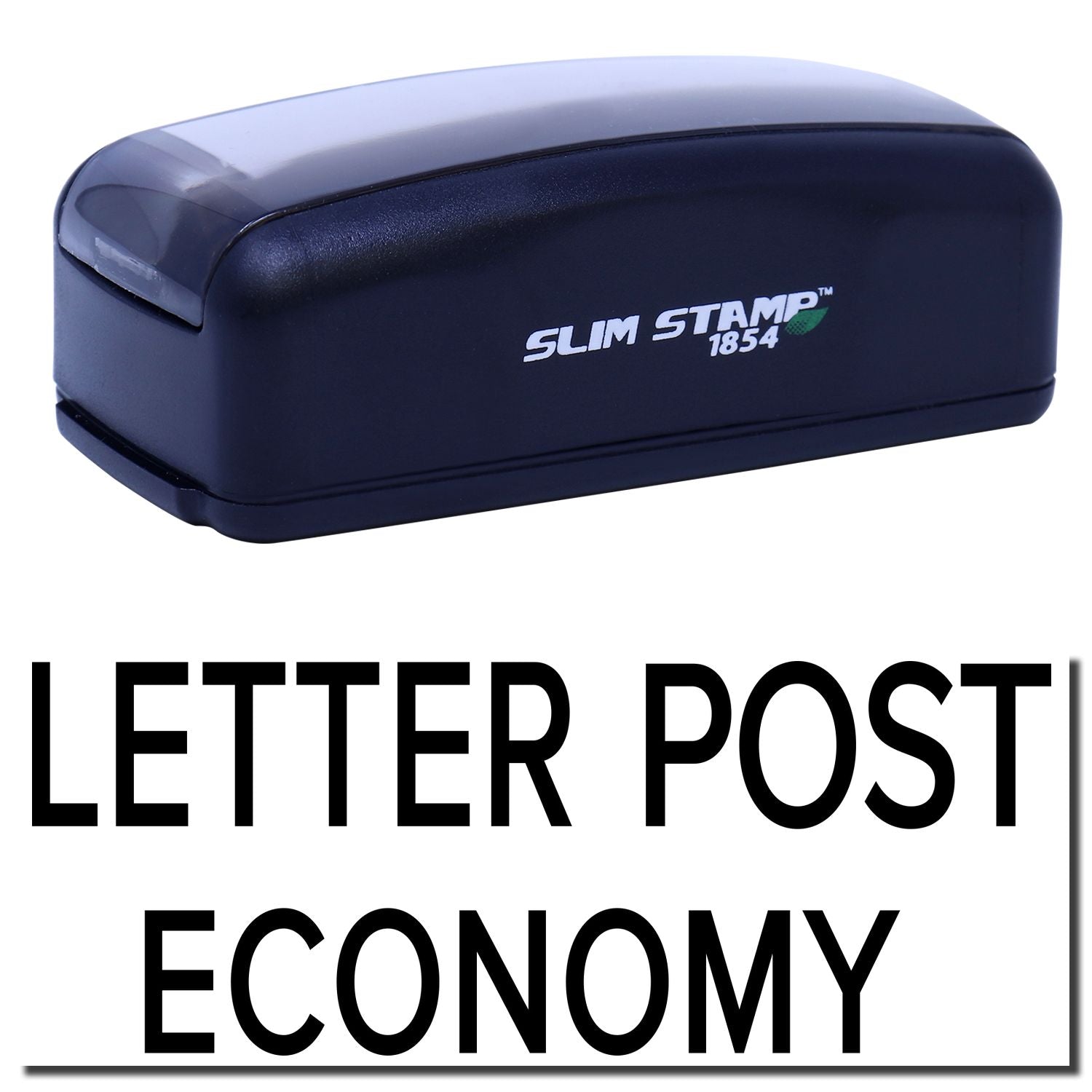 Slim Stamp 1854 ink stamp for Letter Post Economy, compact postal marking tool with branding on navy case.