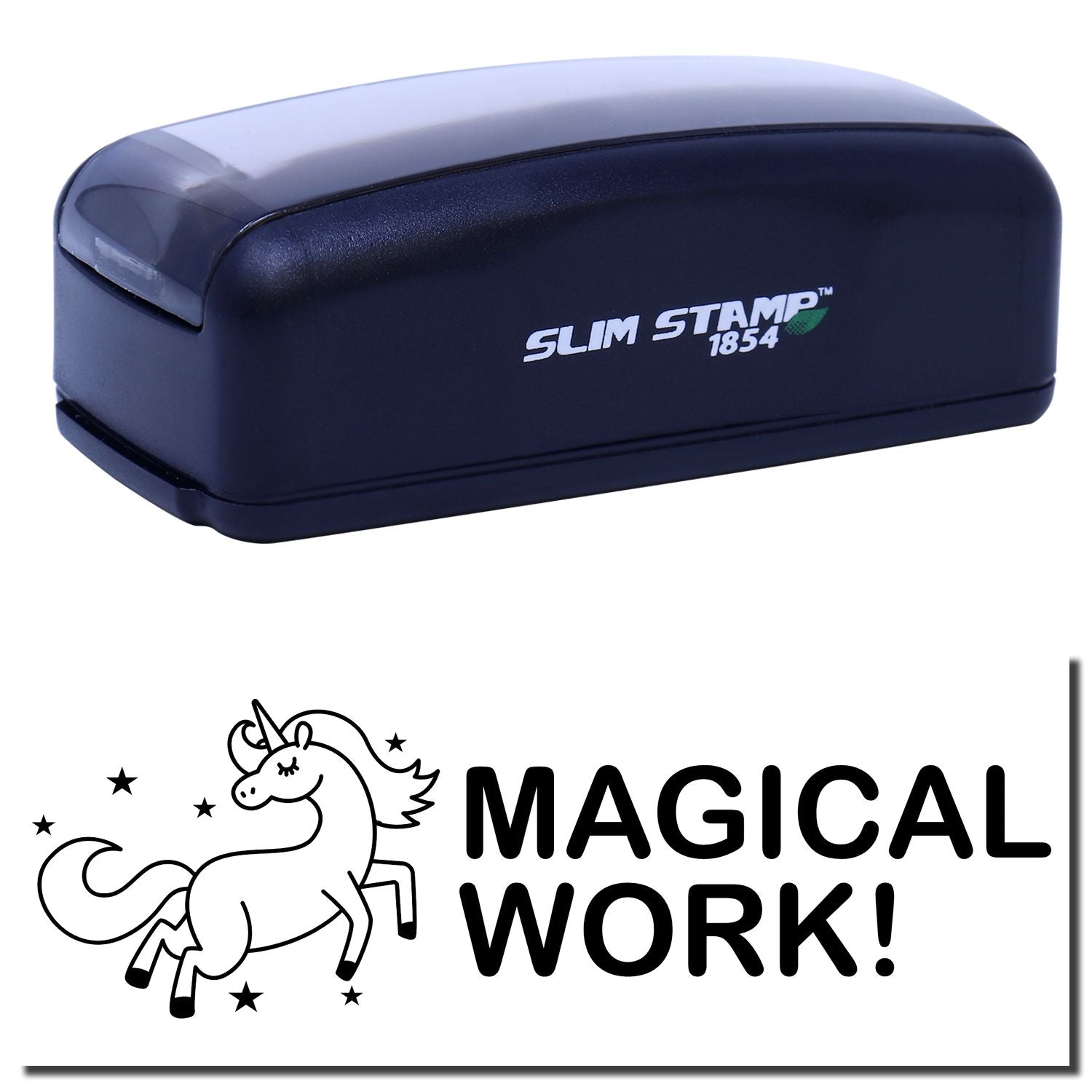 Slim STAMP 1854 embossing stamp tool with Magical Work unicorn text for crafting, decorative stamping, card making, and journaling.