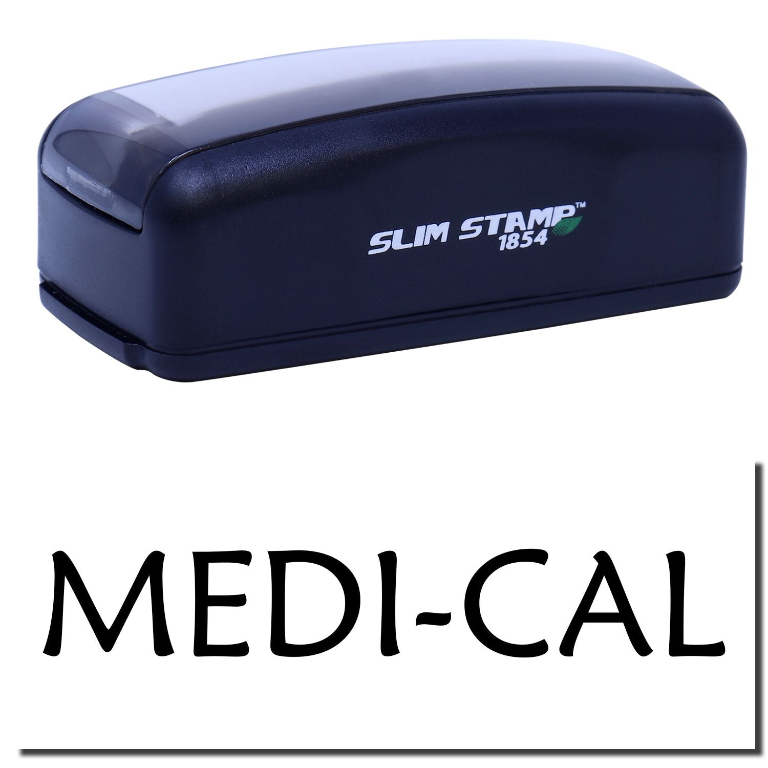 Slim STAMP 1854 self-inking stamp with blue case, branded MEDI-CAL for quick medical date stamping on documents and forms in clinics.