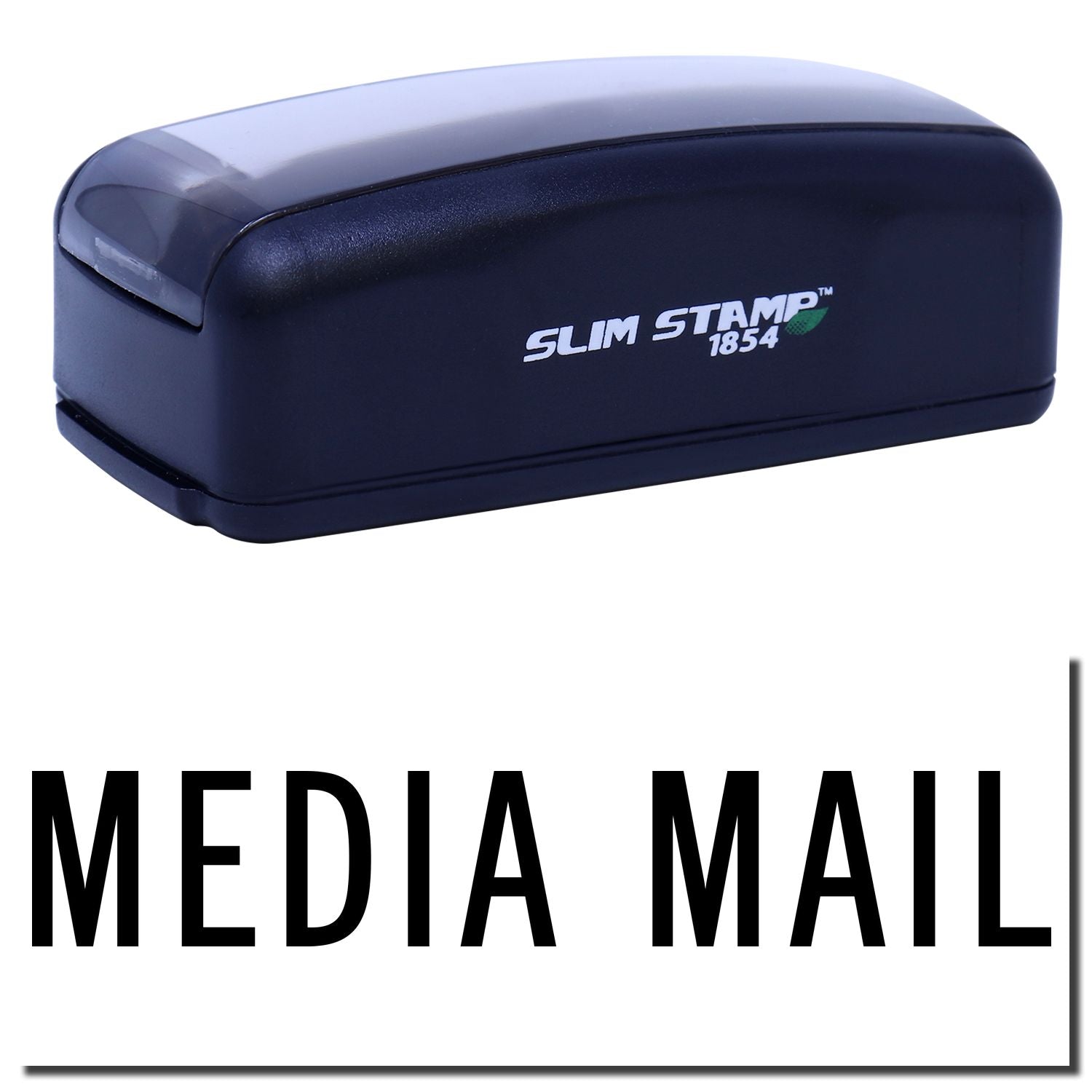 Slim STAMP 1854 ink stamp device labeled Media Mail shipping, showing the postal stamp tool on a white background.
