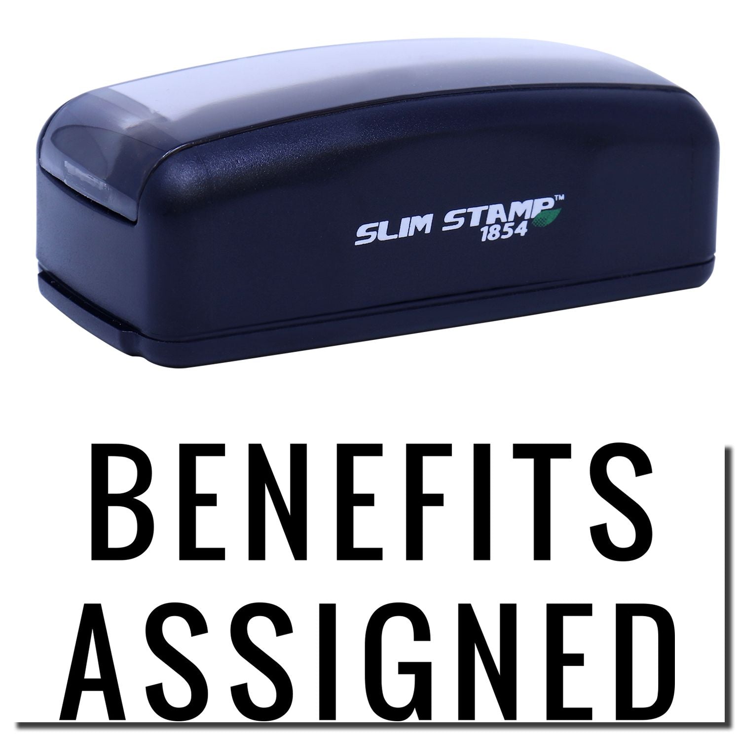 Slim Stamp 1854 blue ink stamp for business branding and benefits, compact self-inking promotional stamp.