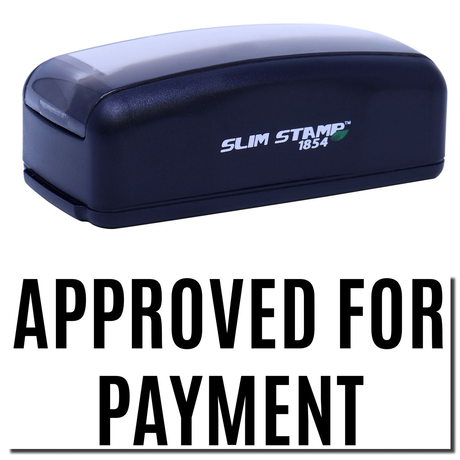 Slim Stamp 1854 self-inking stamp showing Approved for Payment for invoice processing and document approval checks