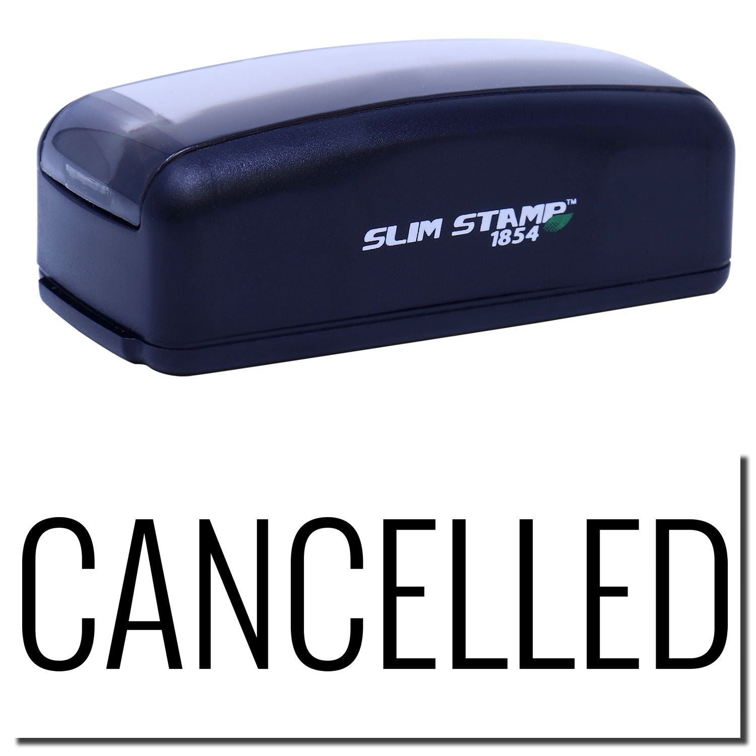 Slim Stamp 1854 ink stamp showing CANCELLEDcompact office stamp for quick document cancellation.