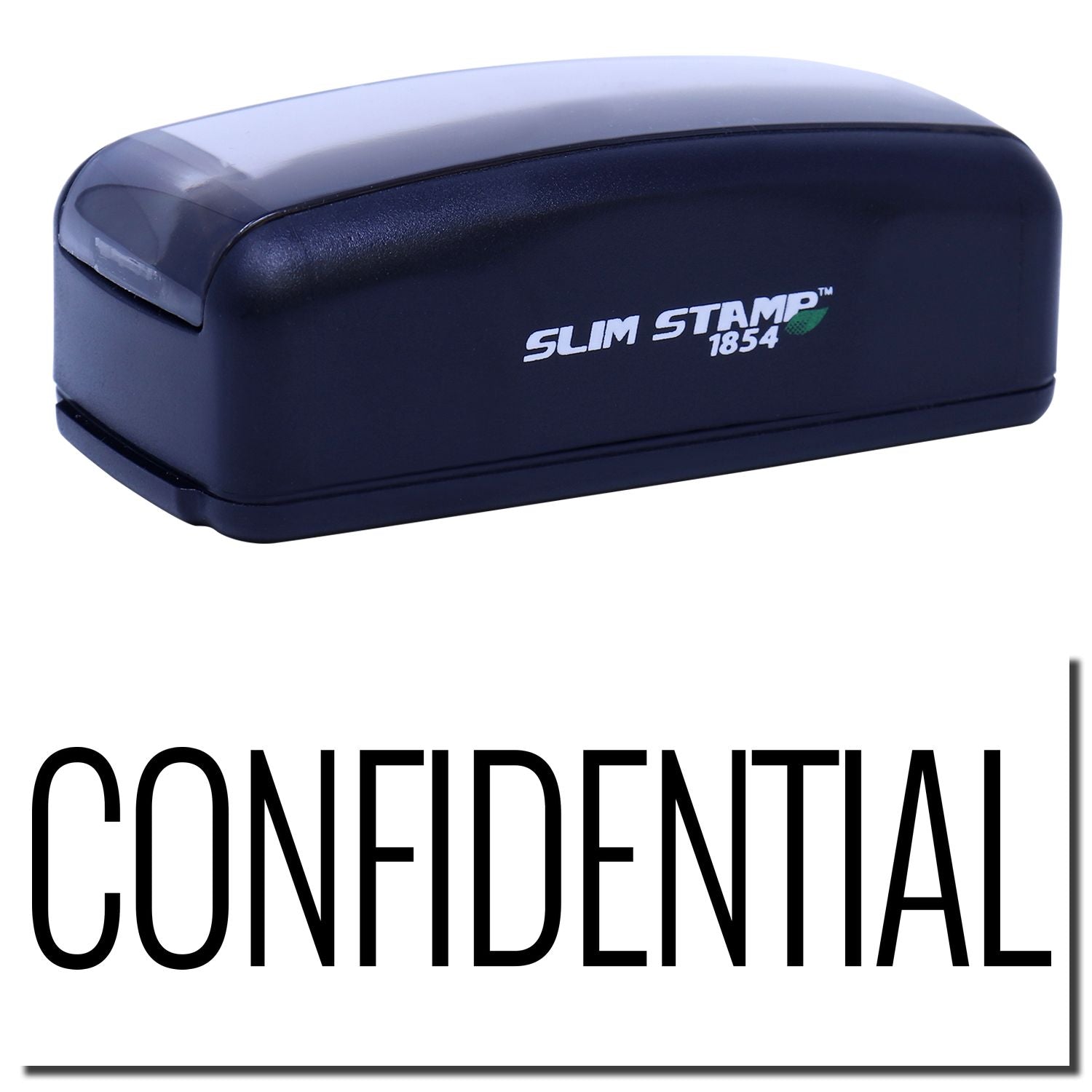 Slim STAMP 1854 stamping label device, branded product photo on white background for office marking with CONFIDENTIAL text.