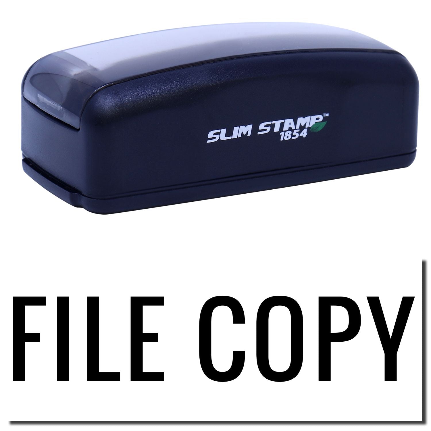 Slim Stamp 1854 ink stamp for document filing, close-up of the brand device labeled File Copy.
